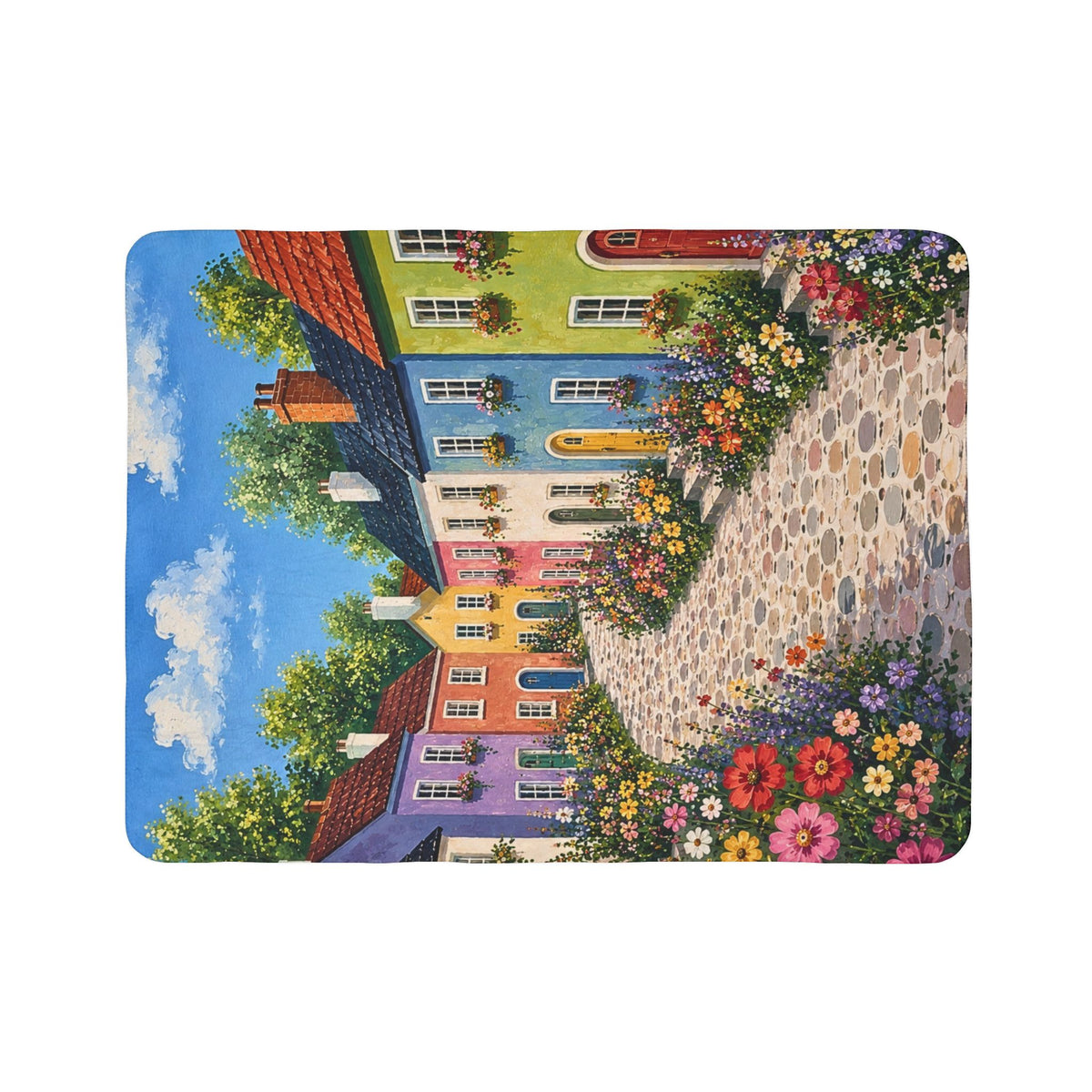 Colorful Cottage Path Fleece Sherpa Blanket — Cozy Floral Village Throw