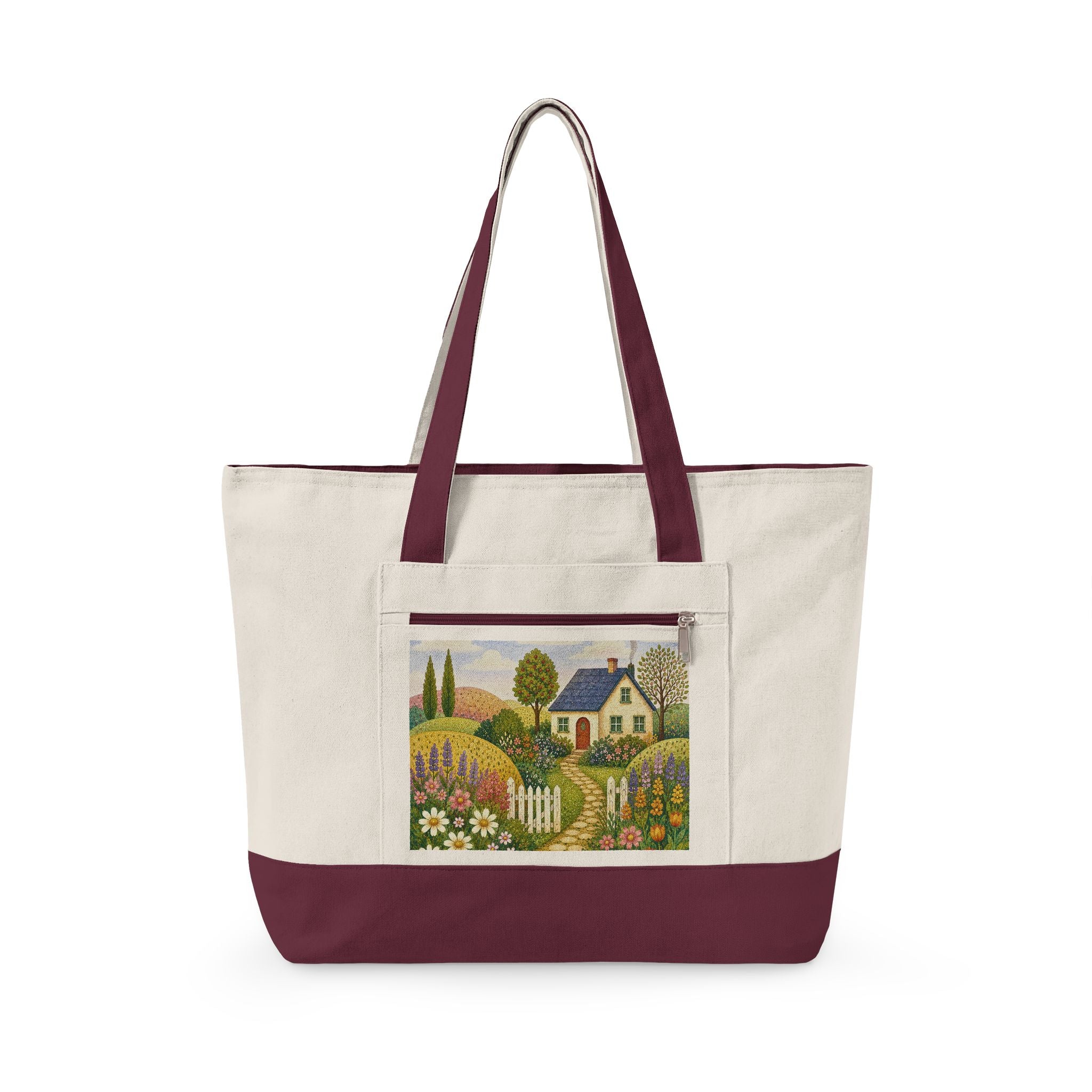 Canvas Tote Bag – Charming Cottage Garden illustration, Zippered Canvas Tote for Market, Beach & Everyday