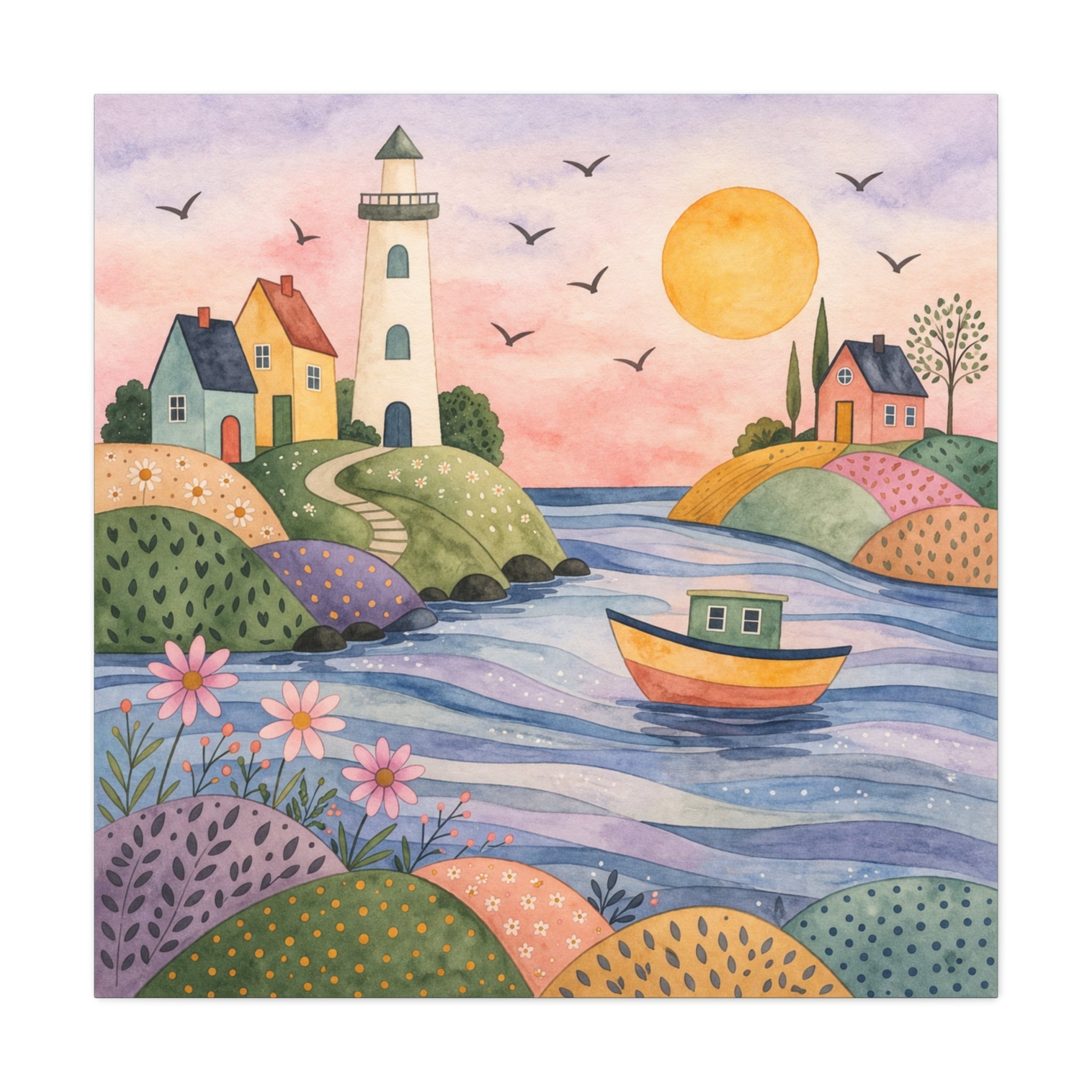 Coastal Lighthouse Art Canvas - Whimsical Seaside Watercolor Wall Decor