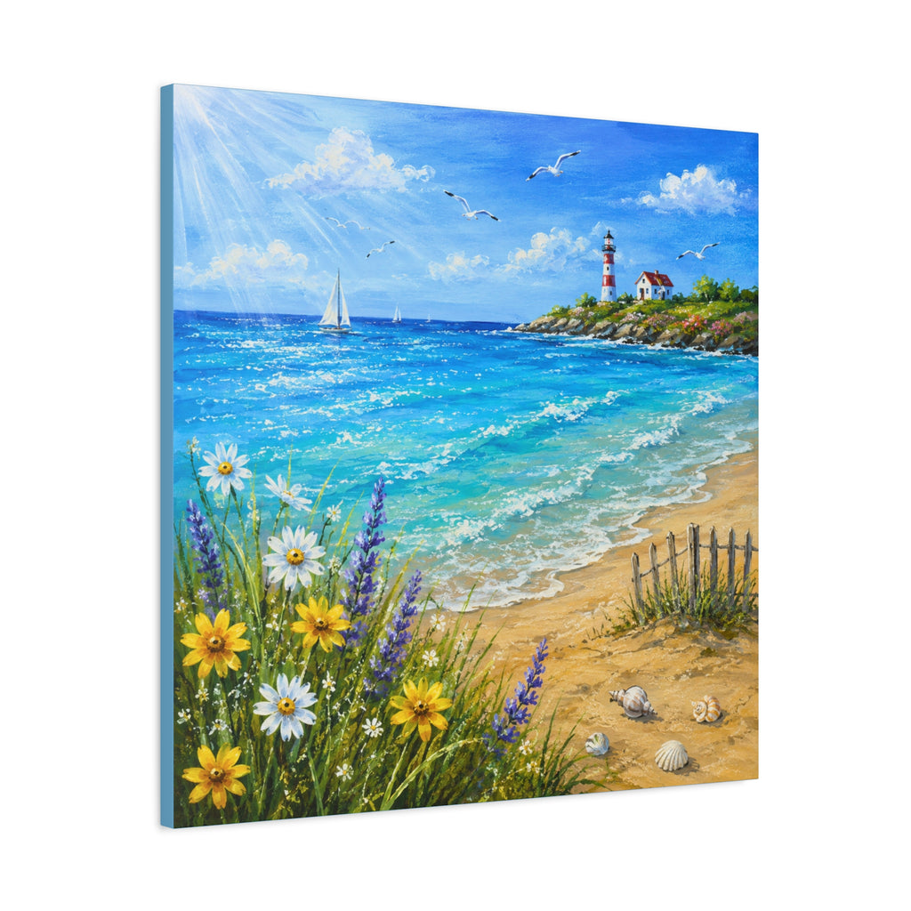 Coastal Lighthouse Beach Canvas Print — Seaside Floral Wall Art (Matte Stretched)
