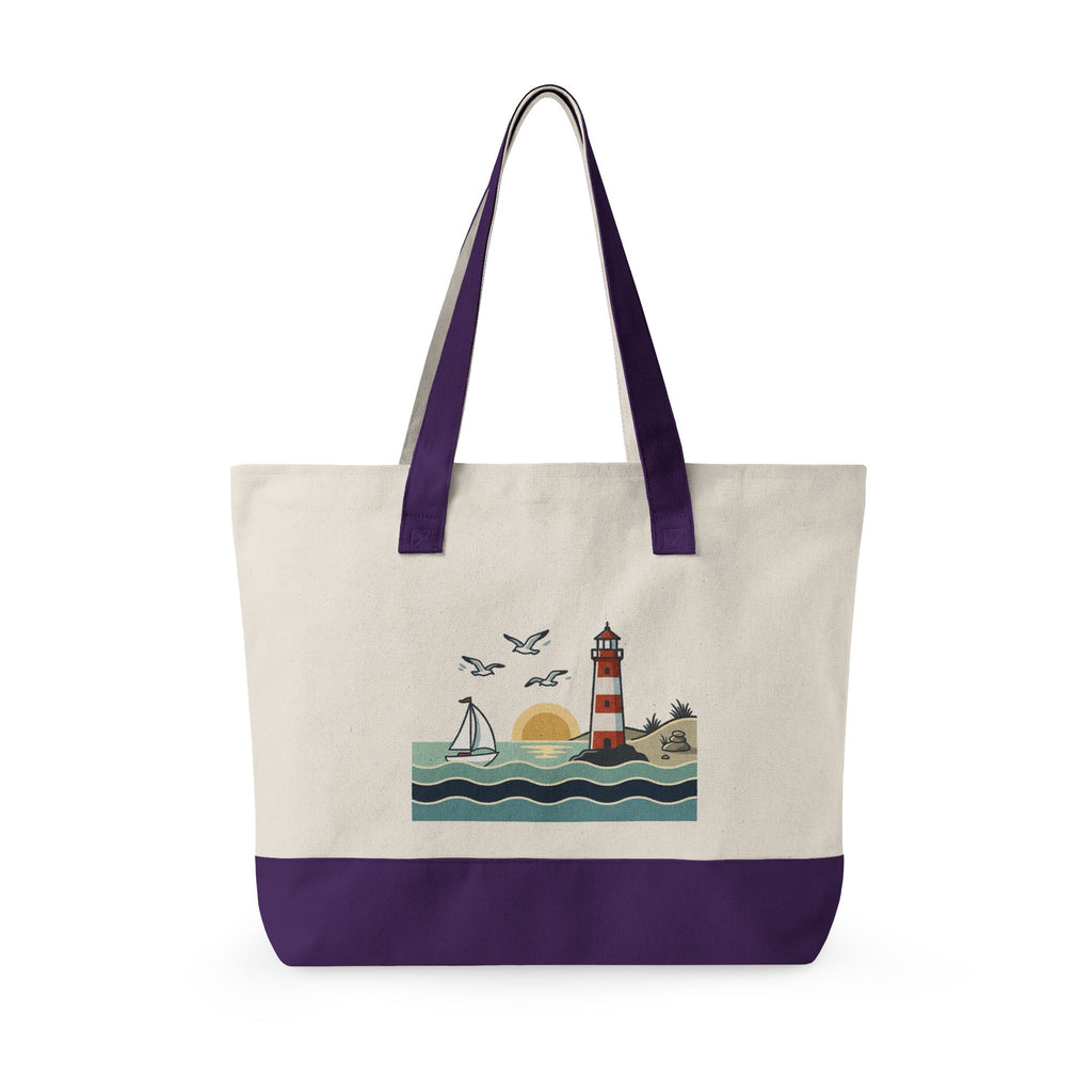 Lighthouse Sunset Canvas Tote Bag — Zippered Beach Tote with Sailboat Design