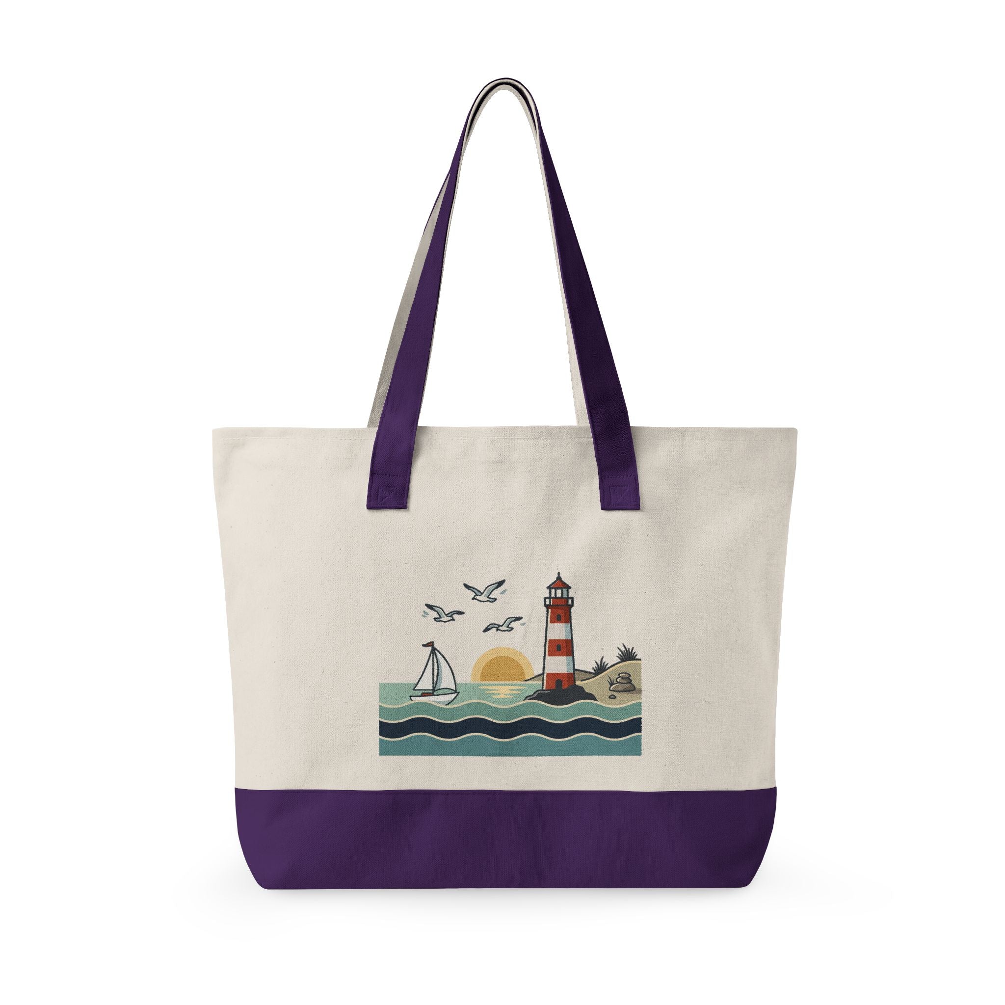 Lighthouse Sunset Canvas Tote Bag — Zippered Beach Tote with Sailboat Design