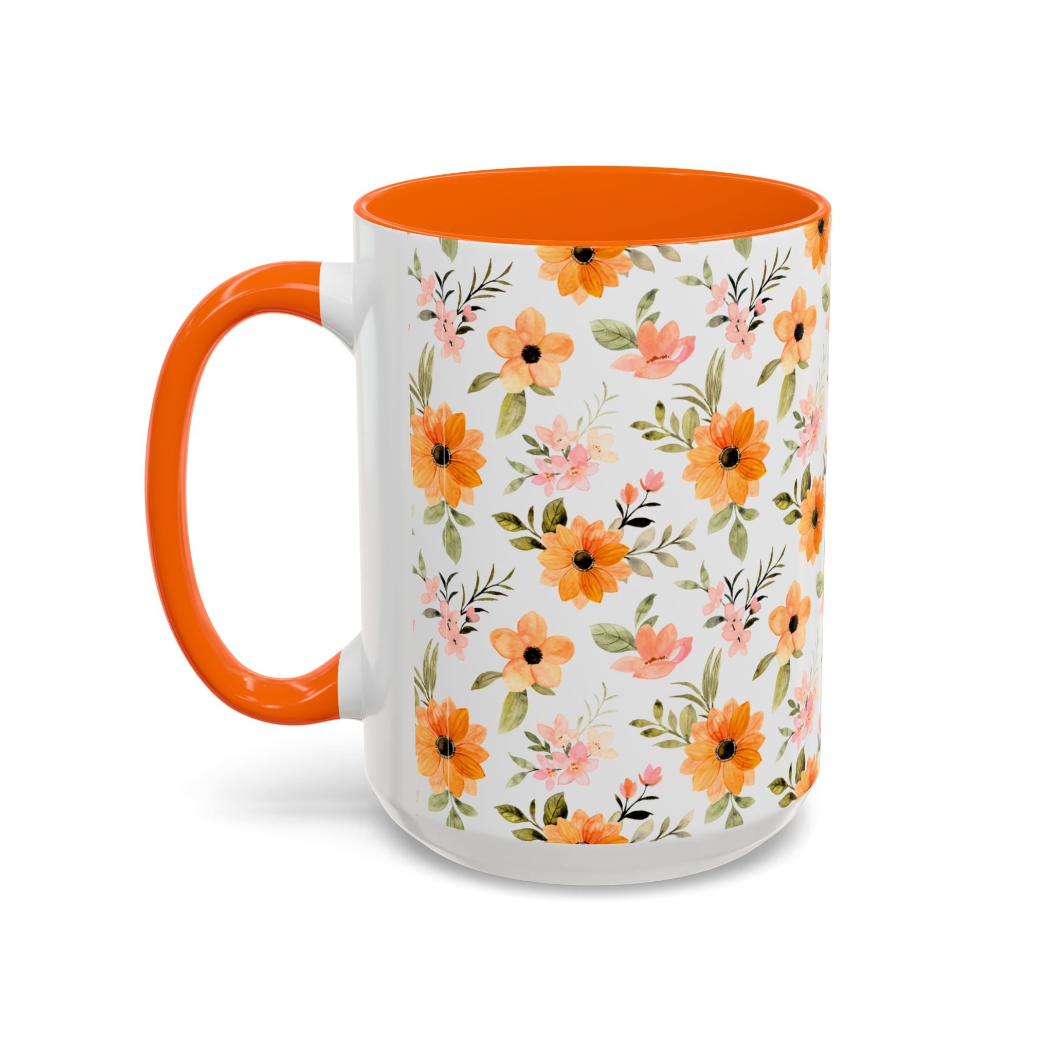 Floral Orange Watercolor Accent Mug — Bright Spring Coffee Cup (11/15 oz)