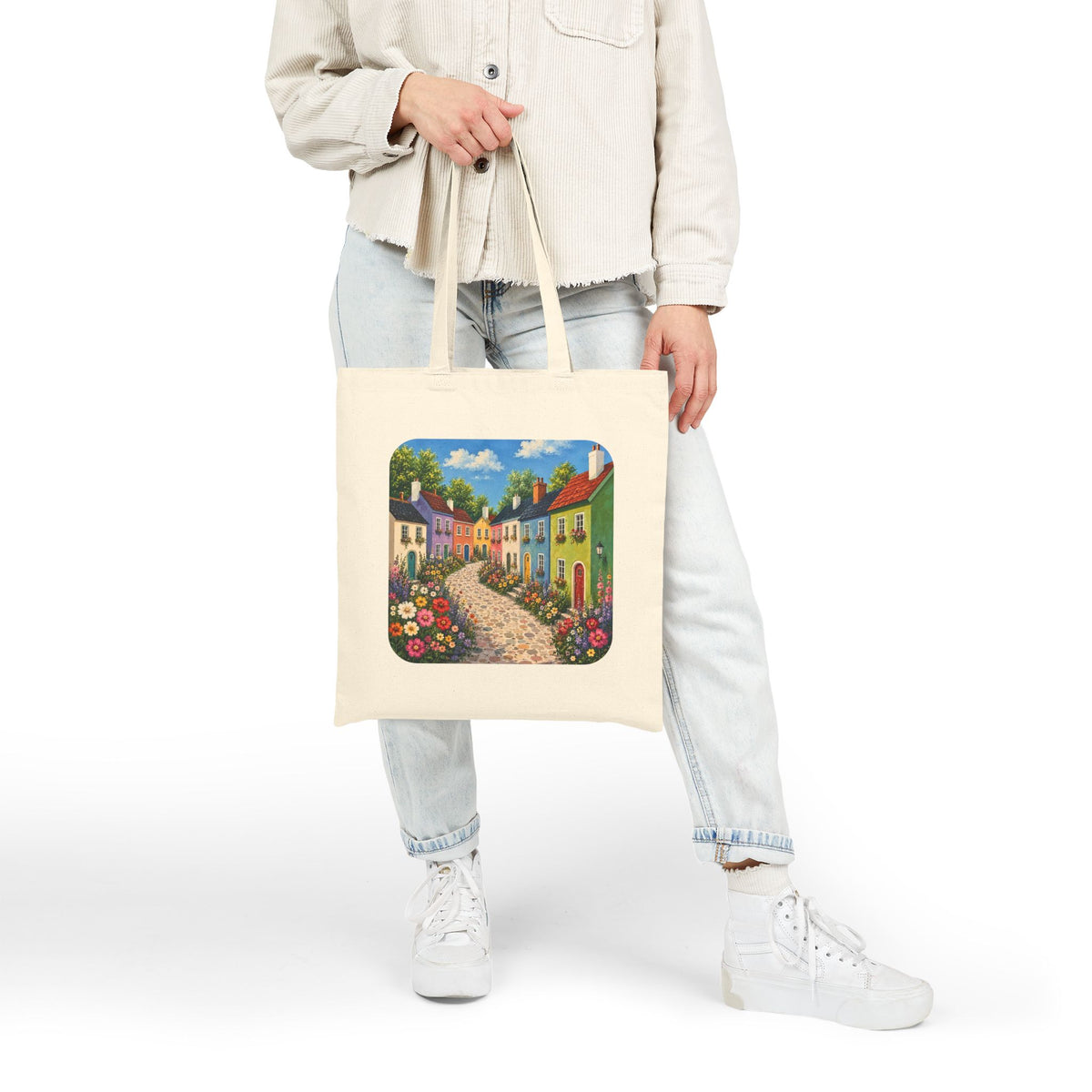 Cottage Lane Canvas Tote — Colorful Village Floral Market Bag