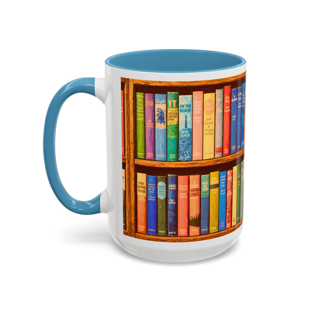 Booklover Accent Coffee Mug – Colorful Bookshelf Design (15 oz)