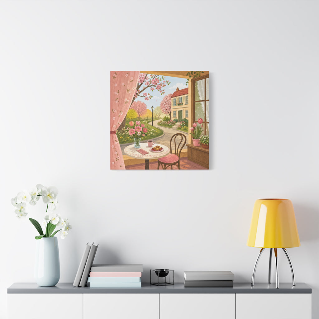 Spring Cottage Café Canvas Wall Art — Cozy Window Scene with Flowers and Pastries