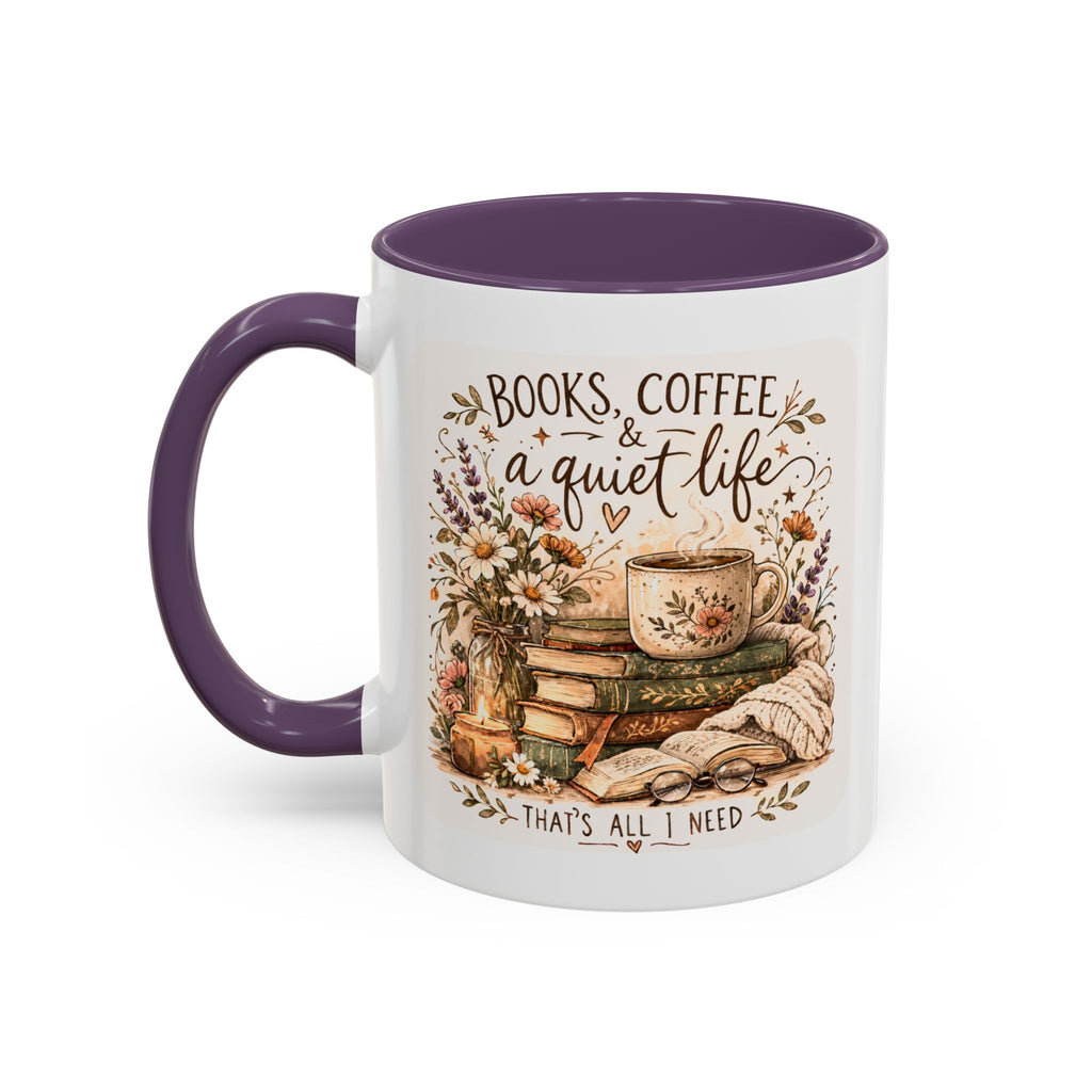 Books, Coffee & A Quiet Life Accent Coffee Mug — Cozy Literary Tea Cup (11/15oz)