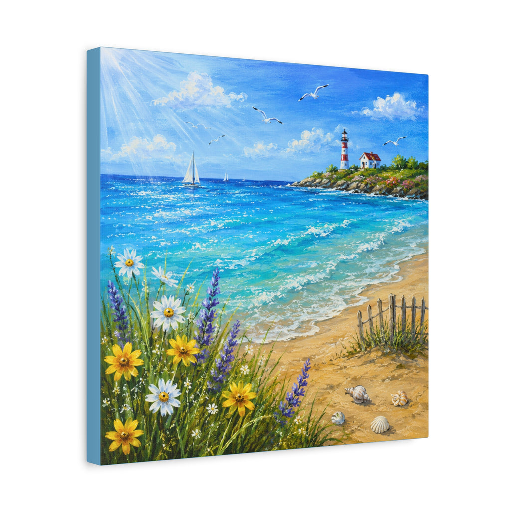 Coastal Lighthouse Beach Canvas Print — Seaside Floral Wall Art (Matte Stretched)