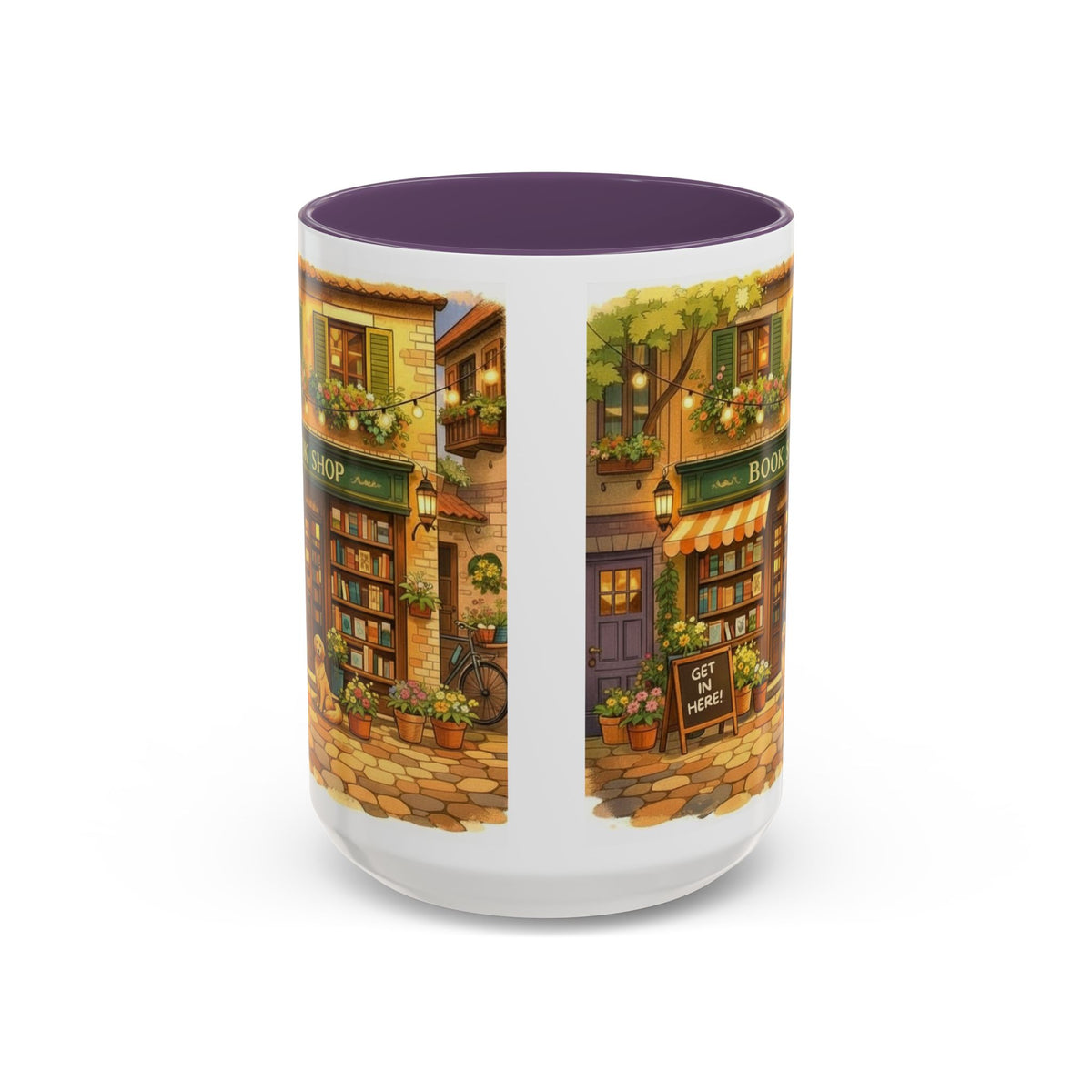 Bookshop Coffee Mug — Cozy Village Bookstore Illustration Accent Mug for Book and Dog Lovers (15oz)