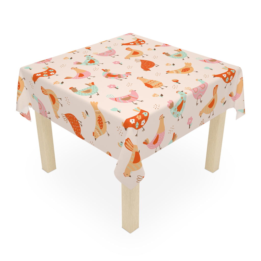 Whimsical Pastel Chicken Tablecloth – Cute Farmhouse Kitchen Decor