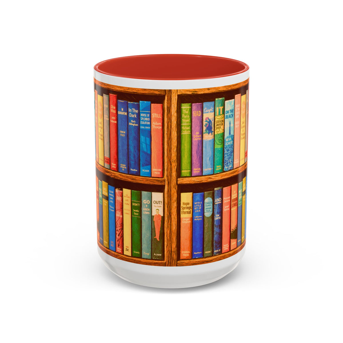 Booklover Accent Coffee Mug – Colorful Bookshelf Design (15 oz)