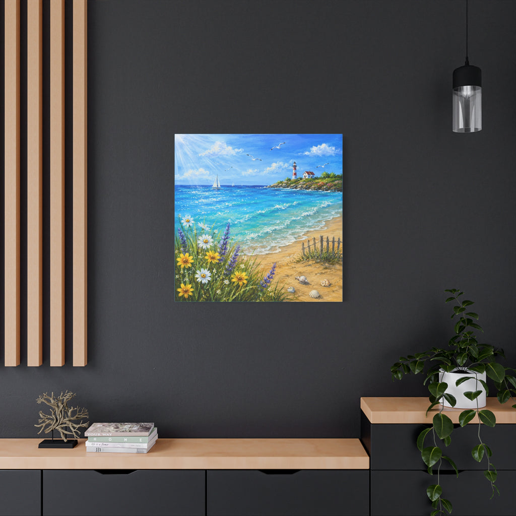 Coastal Lighthouse Beach Canvas Print — Seaside Floral Wall Art (Matte Stretched)