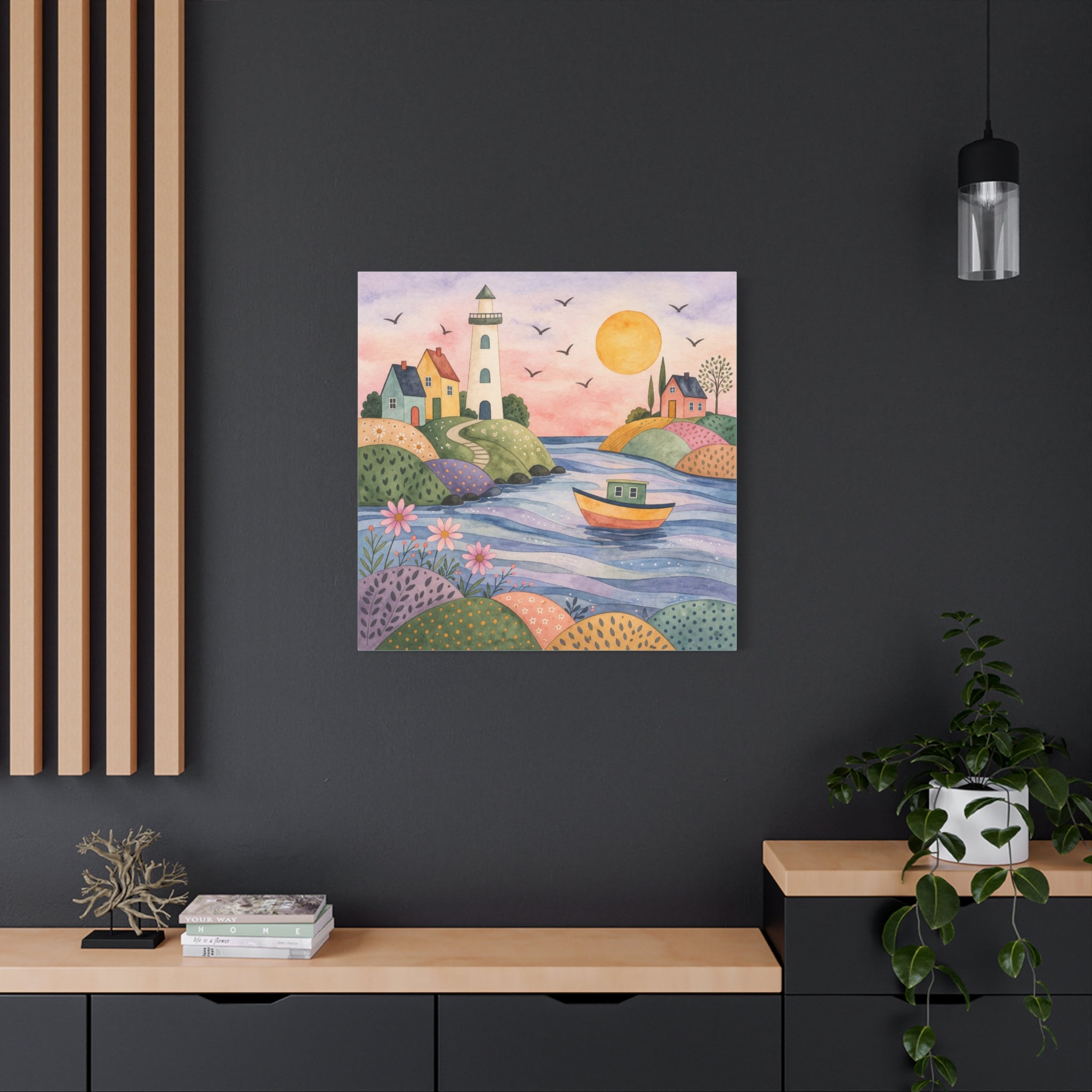 Coastal Lighthouse Art Canvas - Whimsical Seaside Watercolor Wall Decor