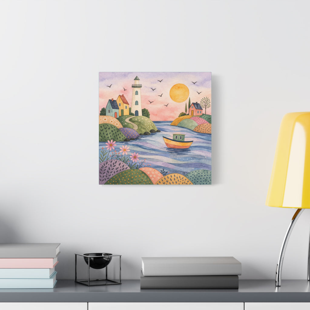 Coastal Lighthouse Art Canvas - Whimsical Seaside Watercolor Wall Decor