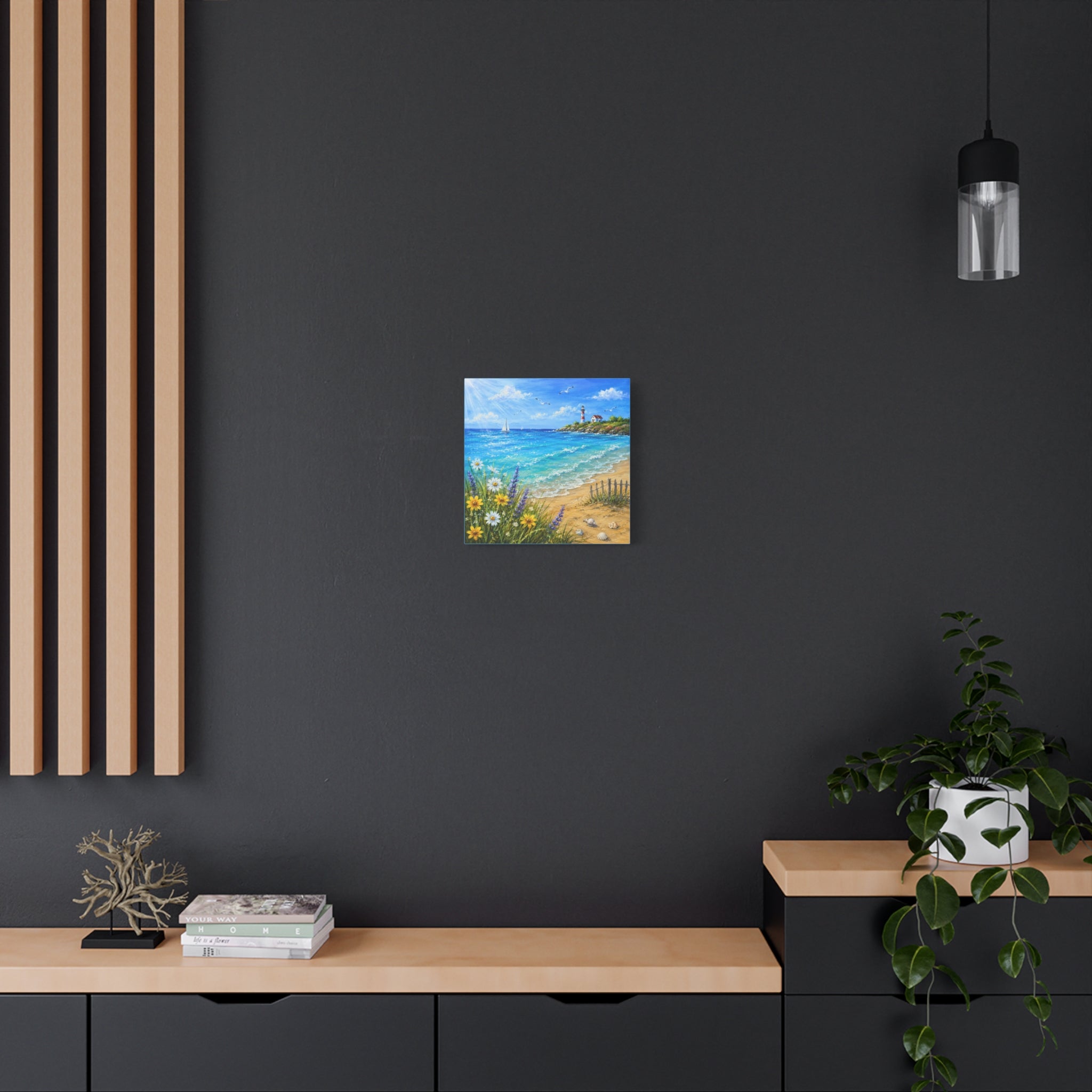 Coastal Lighthouse Beach Canvas Print — Seaside Floral Wall Art (Matte Stretched)