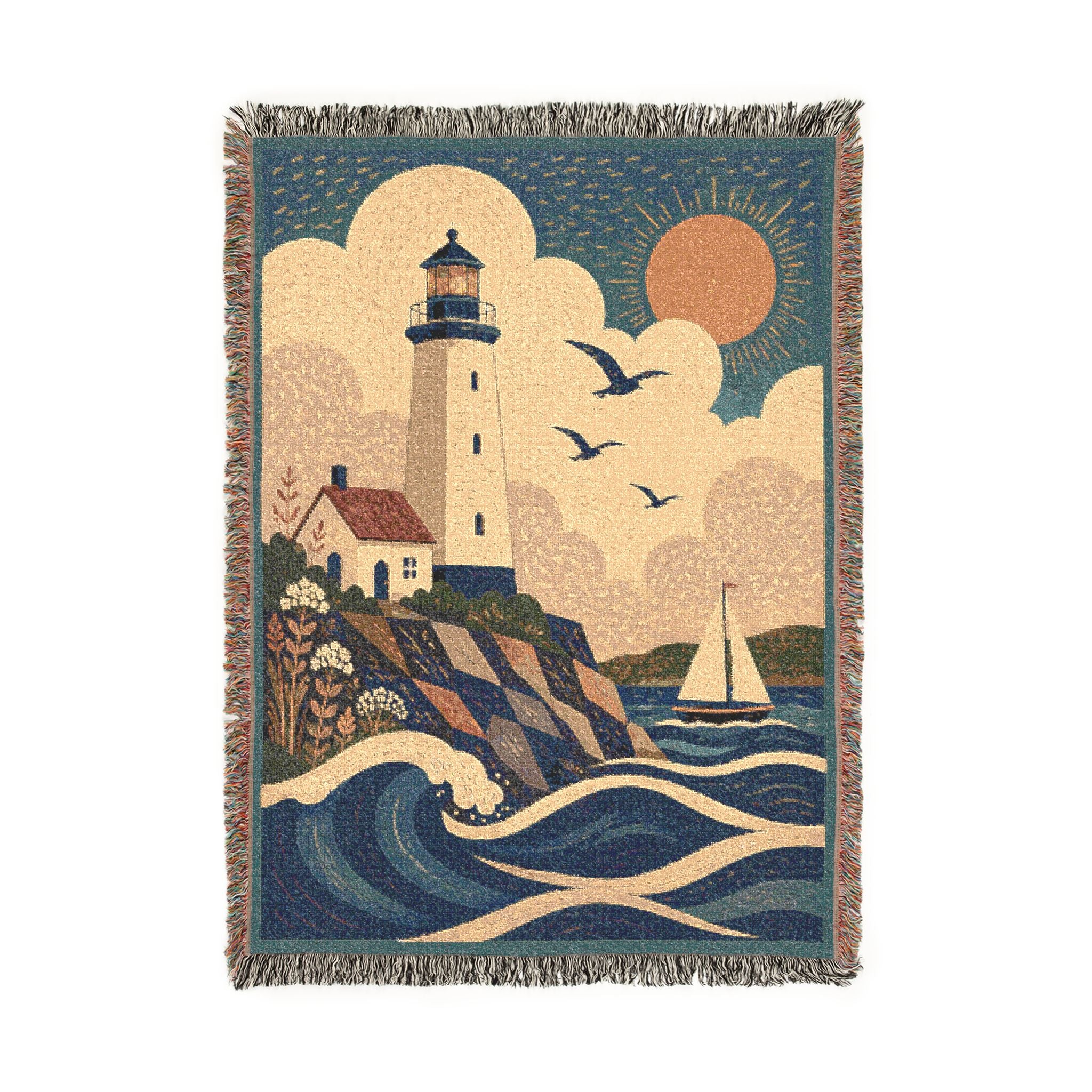 Lighthouse Coastal Woven Blanket — Nautical Sunset Throw