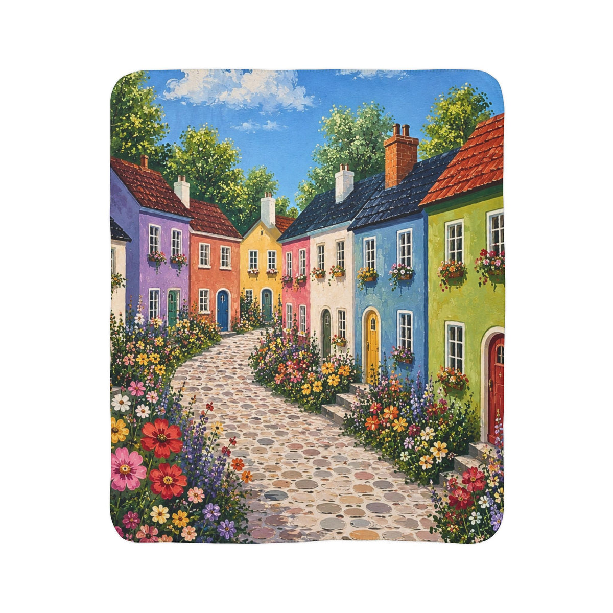 Colorful Cottage Path Fleece Sherpa Blanket — Cozy Floral Village Throw