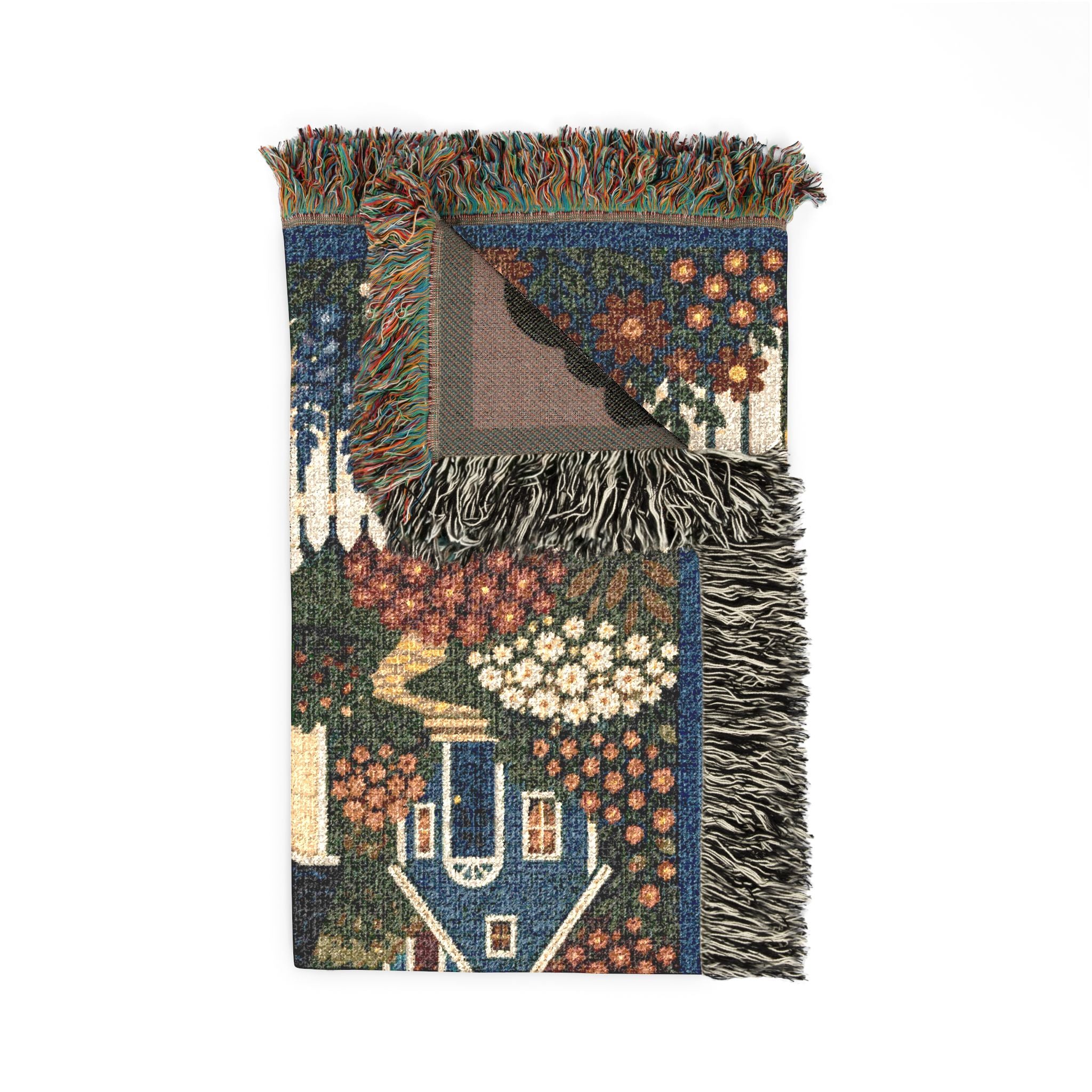 Cozy Cottage Woven Throw Blanket — Scenic Seaside Village Tapestry Design
