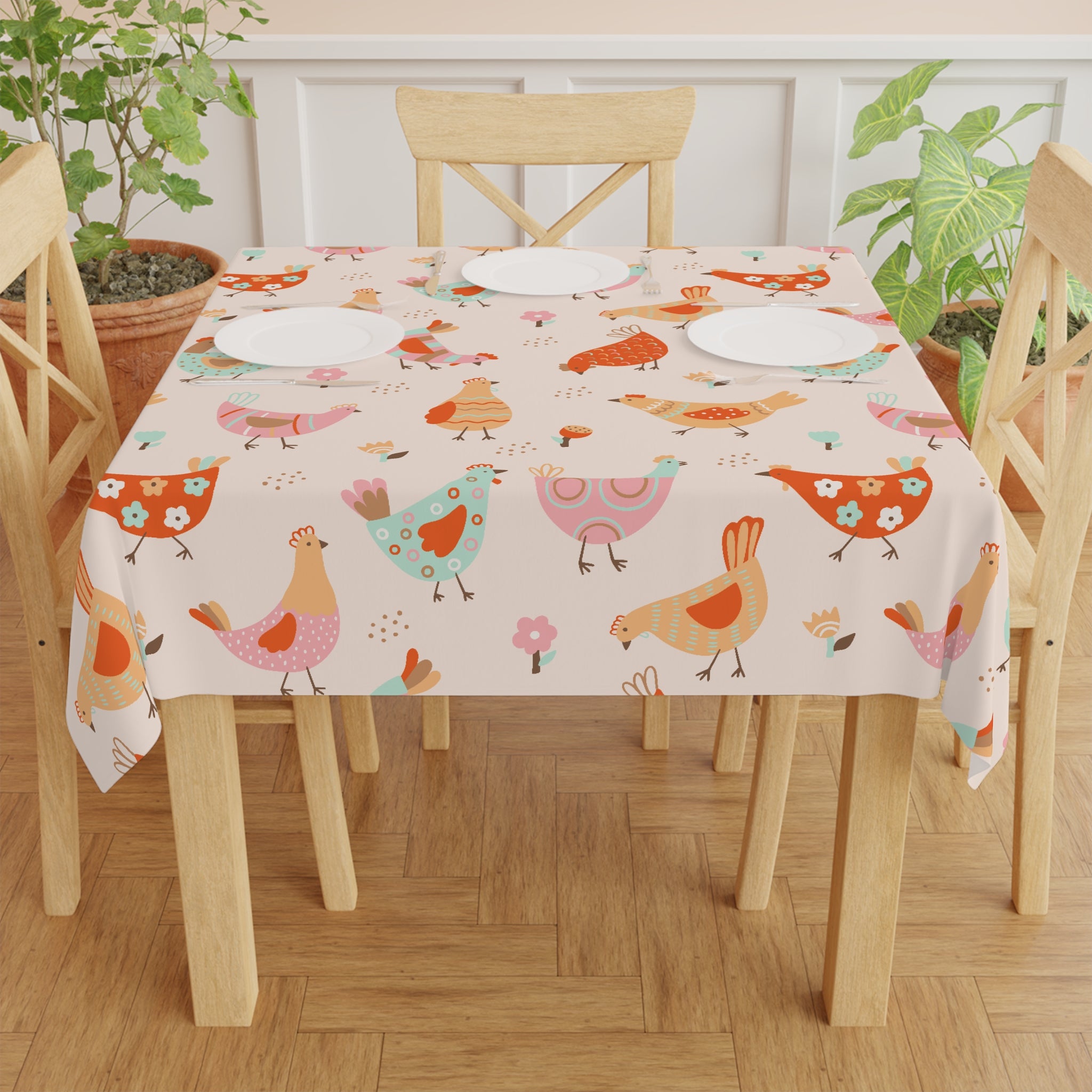 Whimsical Pastel Chicken Tablecloth – Cute Farmhouse Kitchen Decor