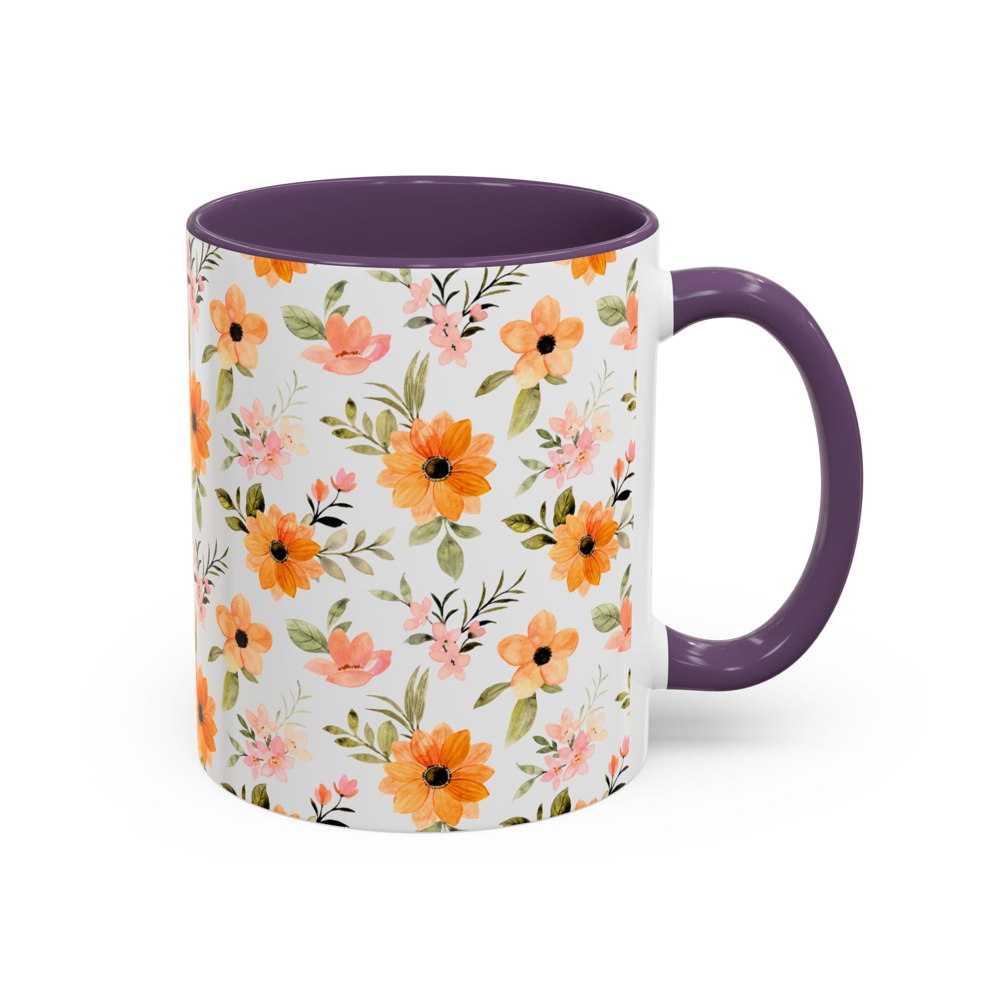 Floral Orange Watercolor Accent Mug — Bright Spring Coffee Cup (11/15 oz)
