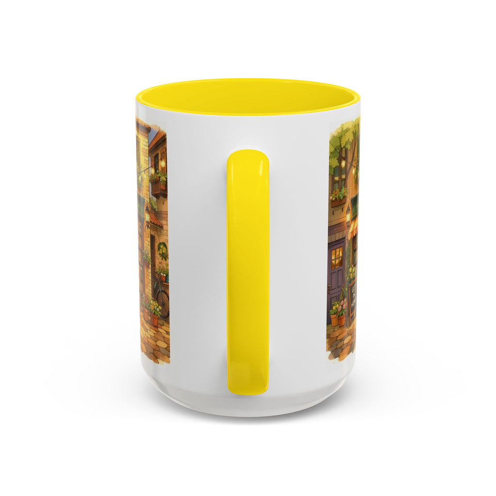 Bookshop Coffee Mug — Cozy Village Bookstore Illustration Accent Mug for Book and Dog Lovers (15oz)