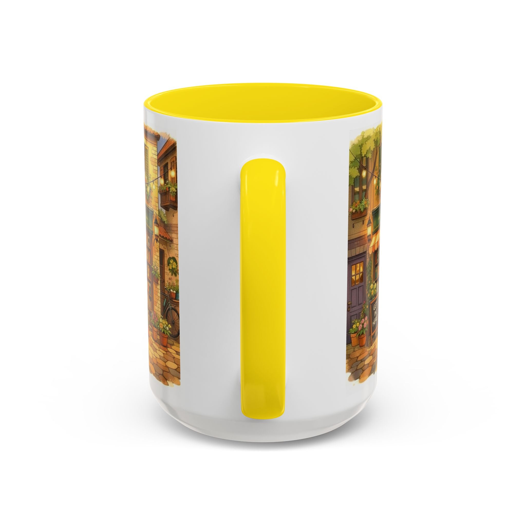 Bookshop Coffee Mug — Cozy Village Bookstore Illustration Accent Mug for Book and Dog Lovers (15oz)