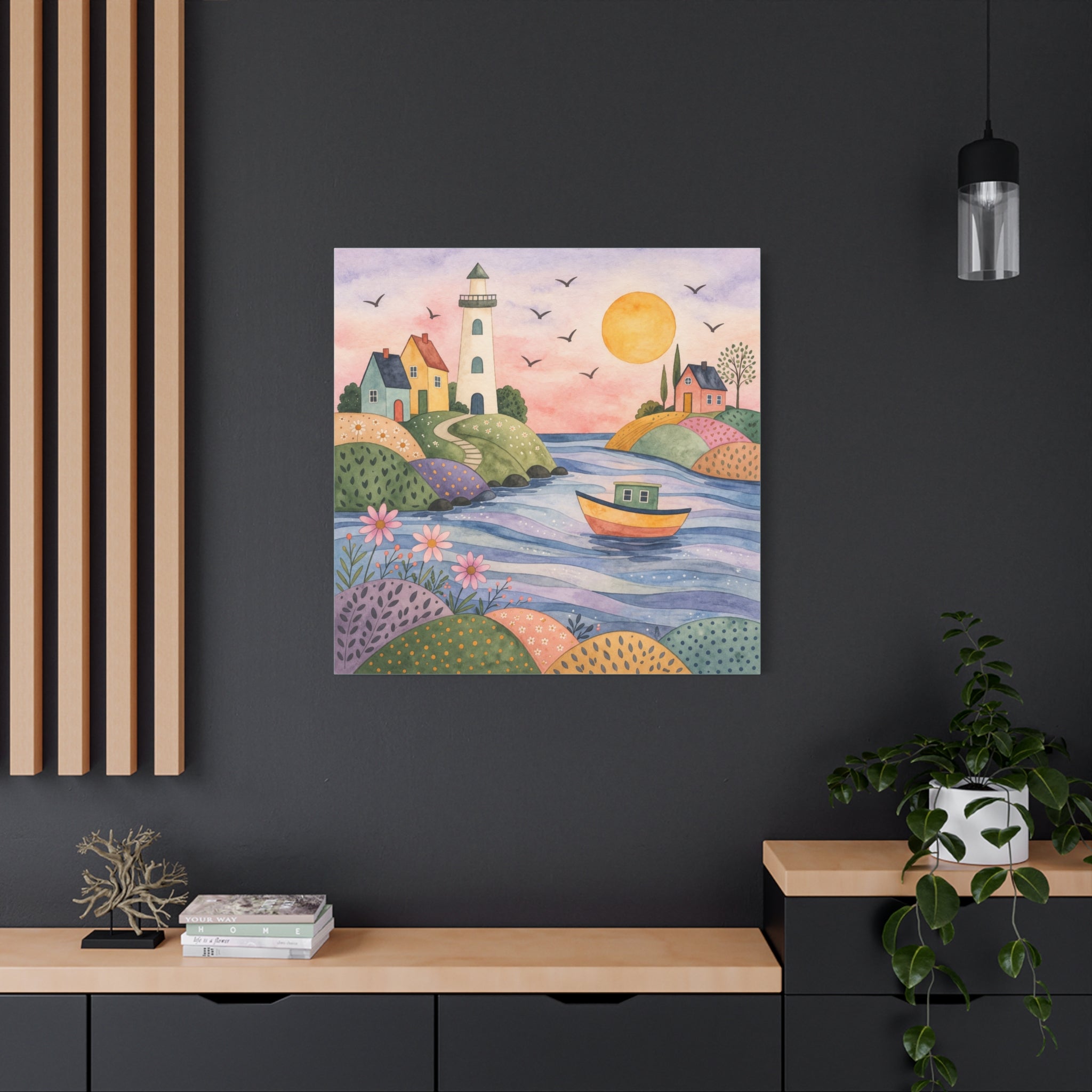 Coastal Lighthouse Art Canvas - Whimsical Seaside Watercolor Wall Decor