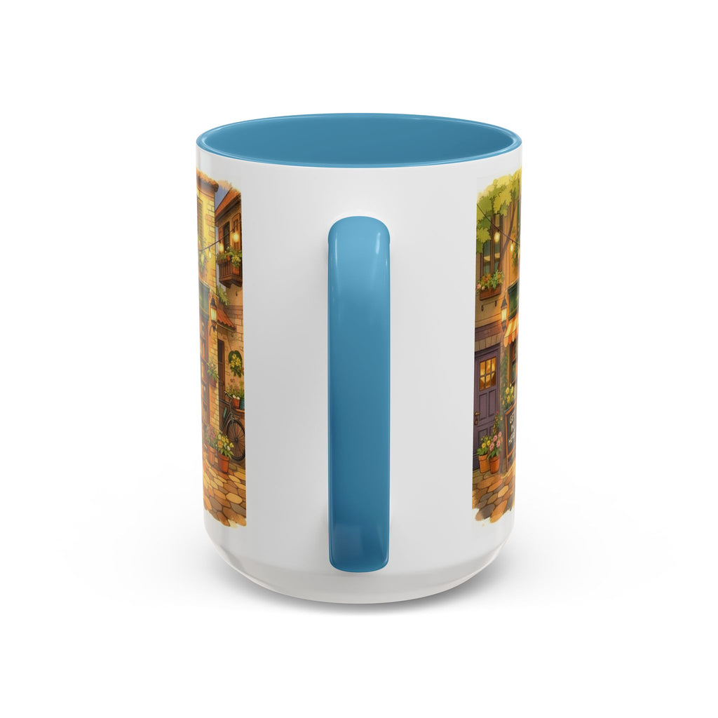 Bookshop Coffee Mug — Cozy Village Bookstore Illustration Accent Mug for Book and Dog Lovers (15oz)
