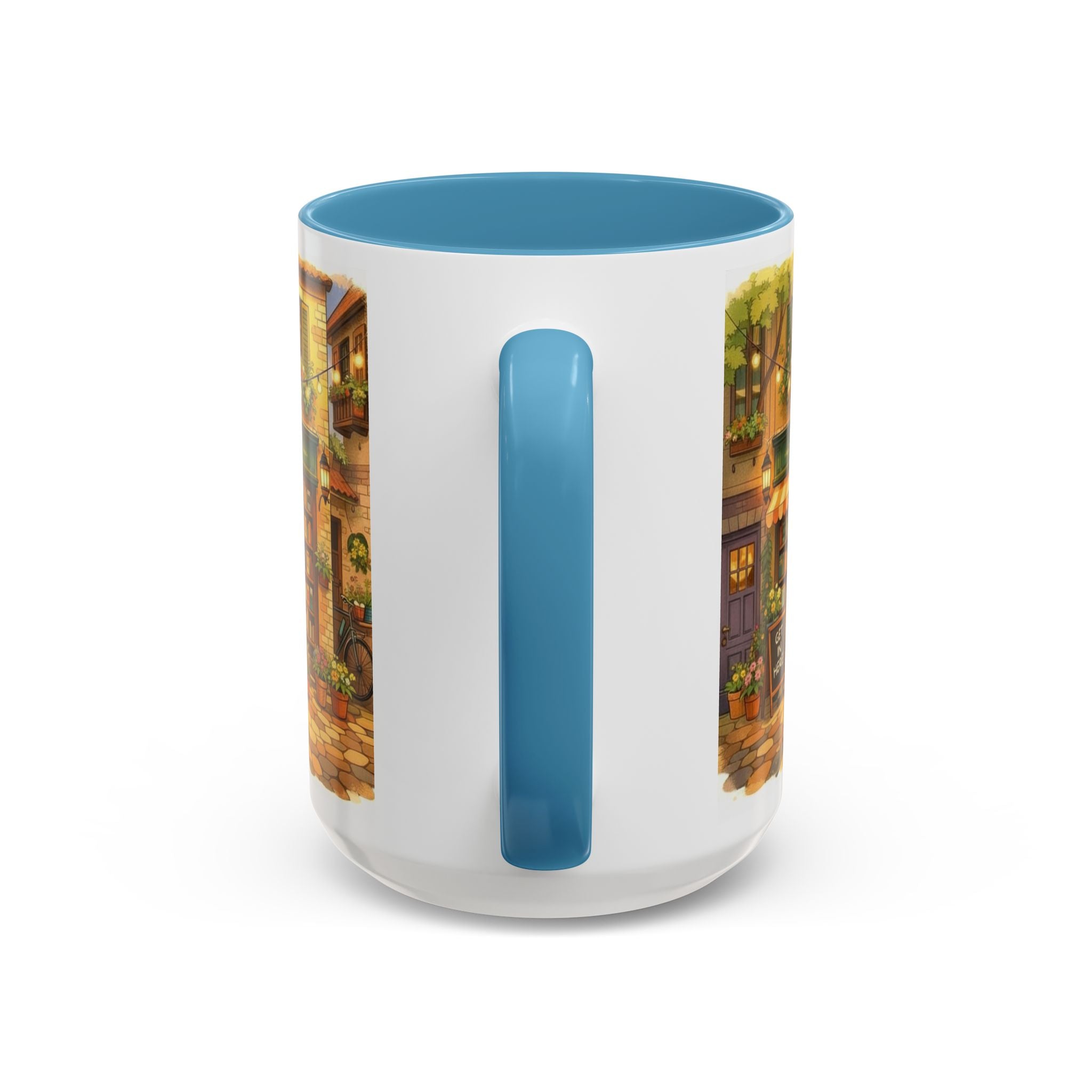 Bookshop Coffee Mug — Cozy Village Bookstore Illustration Accent Mug for Book and Dog Lovers (15oz)