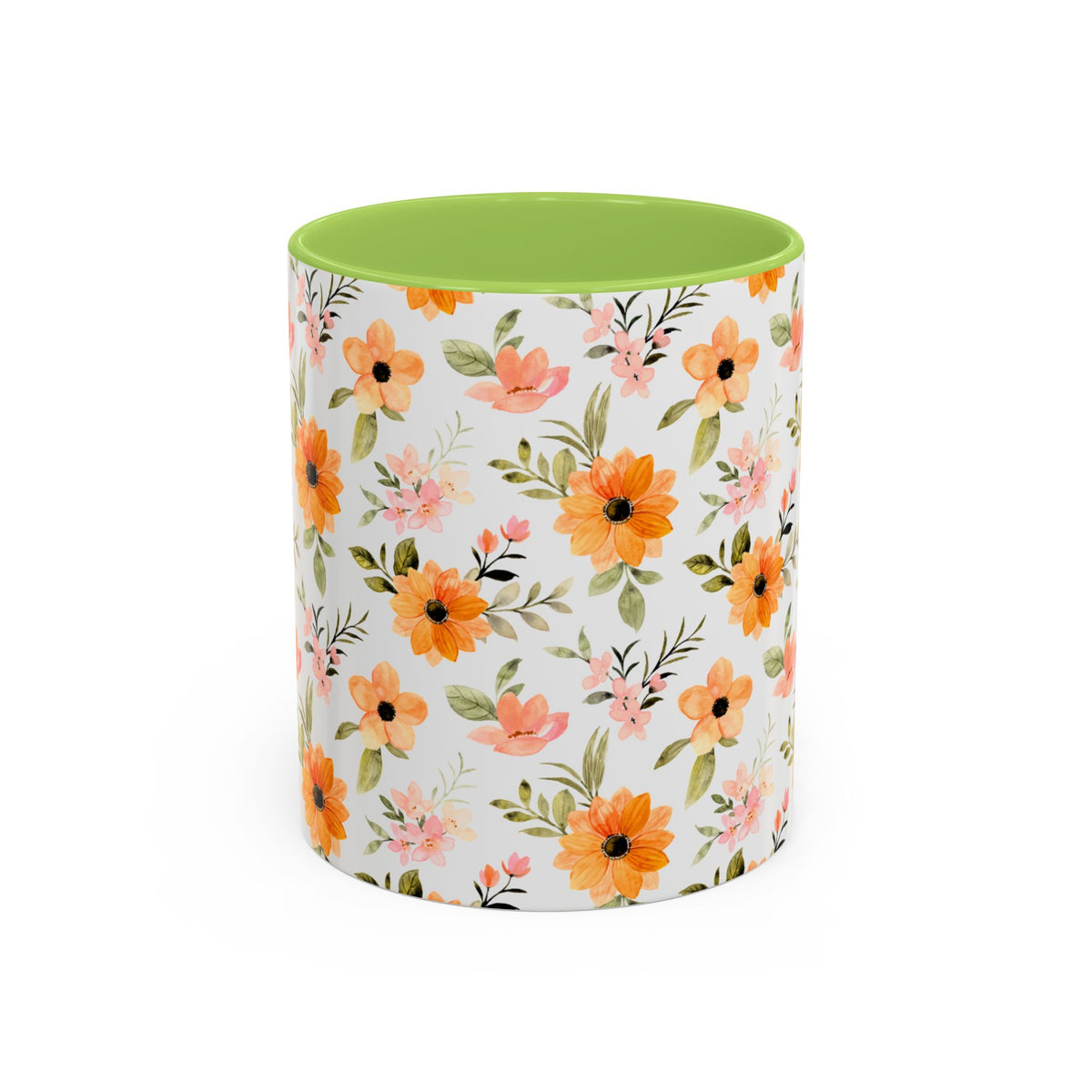 Floral Orange Watercolor Accent Mug — Bright Spring Coffee Cup (11/15 oz)
