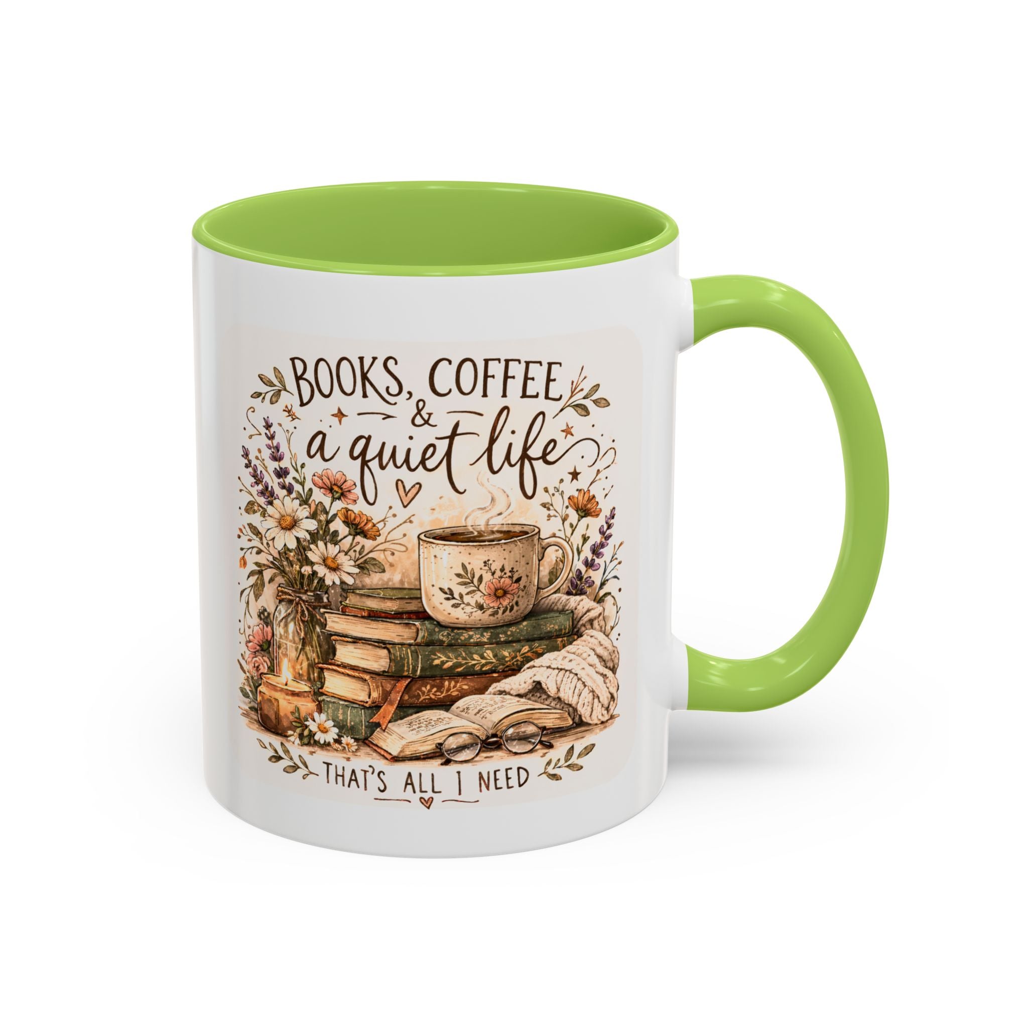 Books, Coffee & A Quiet Life Accent Coffee Mug — Cozy Literary Tea Cup (11/15oz)