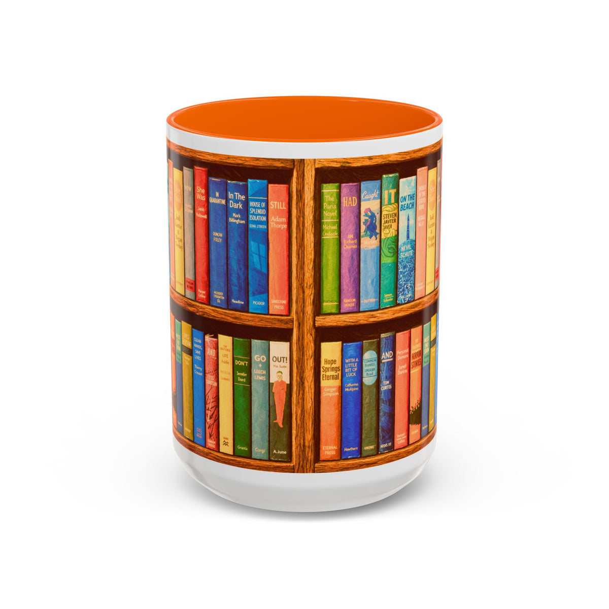 Booklover Accent Coffee Mug – Colorful Bookshelf Design (15 oz)