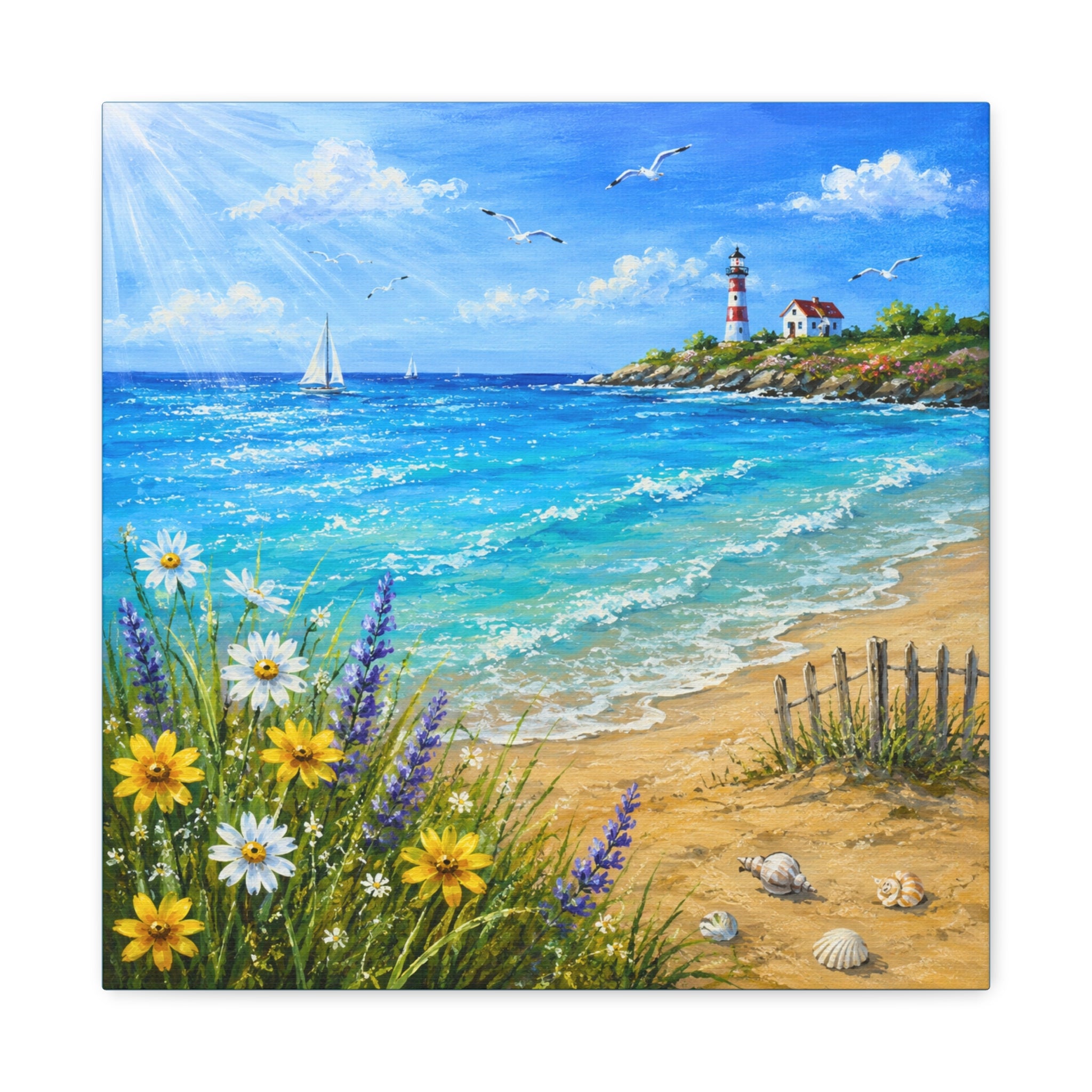 Coastal Lighthouse Beach Canvas Print — Seaside Floral Wall Art (Matte Stretched)