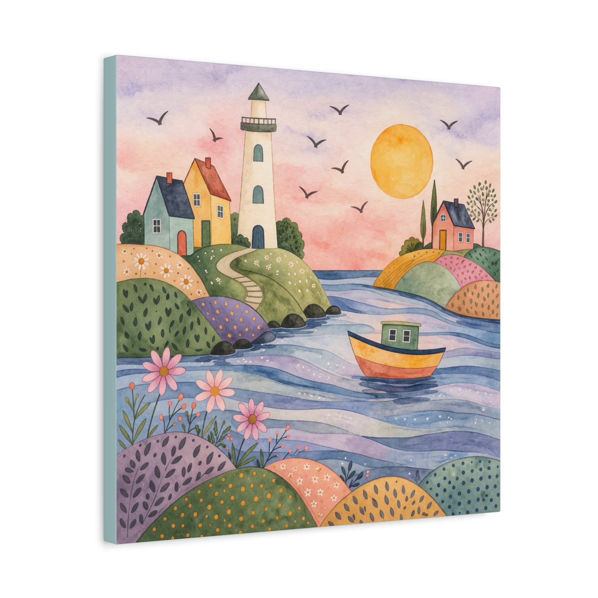 Coastal Lighthouse Art Canvas - Whimsical Seaside Watercolor Wall Decor