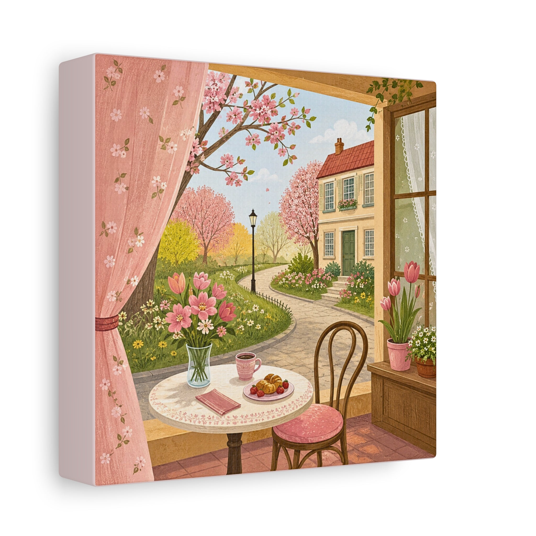 Spring Cottage Café Canvas Wall Art — Cozy Window Scene with Flowers and Pastries