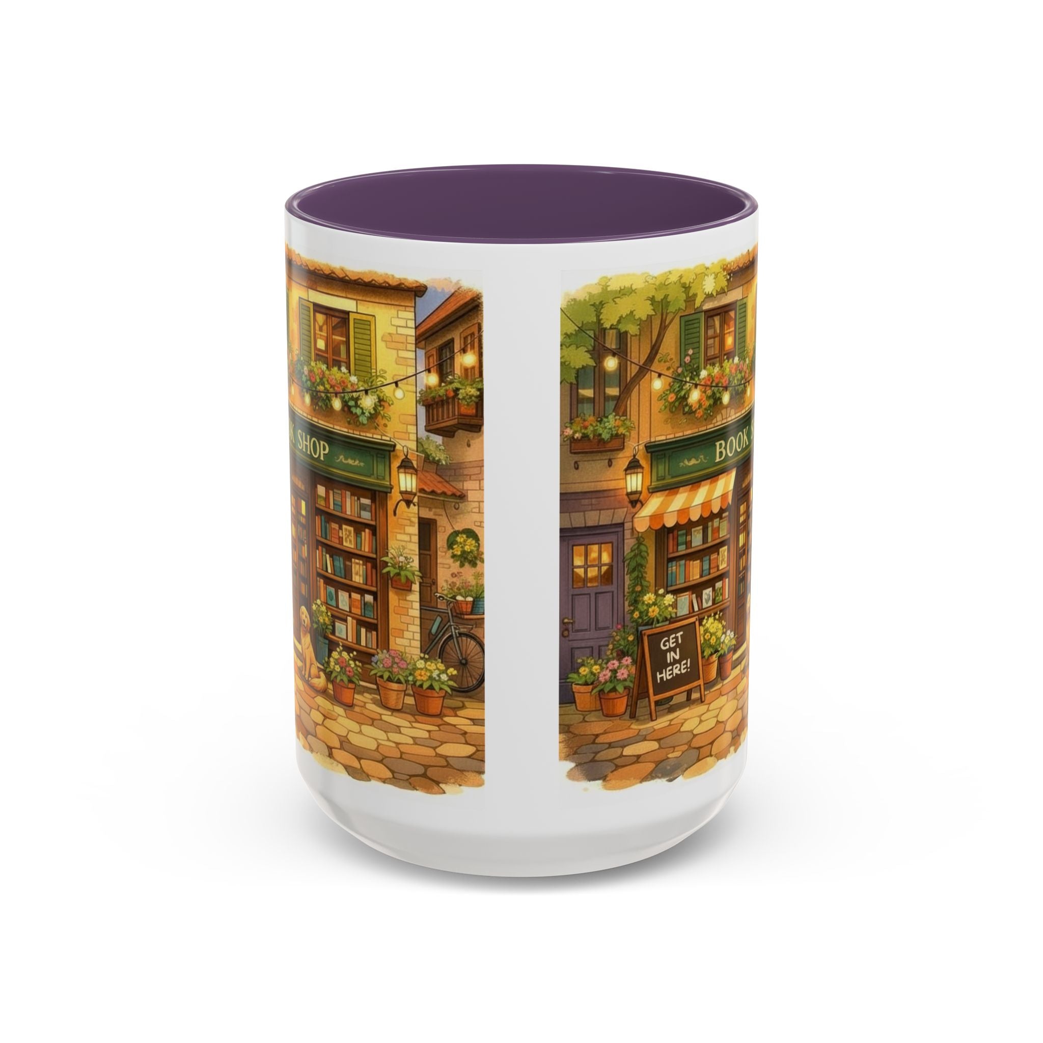Bookshop Coffee Mug — Cozy Village Bookstore Illustration Accent Mug for Book and Dog Lovers (15oz)