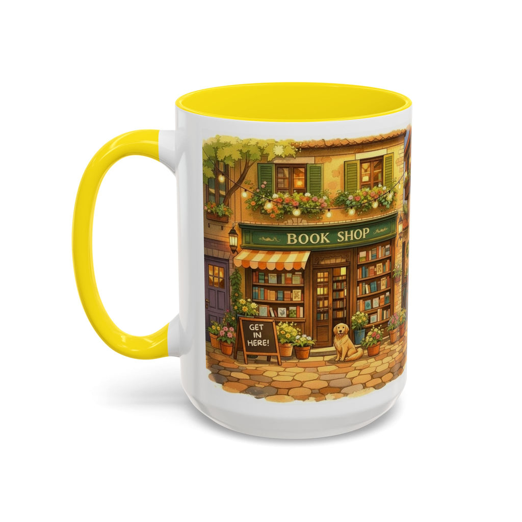 Bookshop Coffee Mug — Cozy Village Bookstore Illustration Accent Mug for Book and Dog Lovers (15oz)