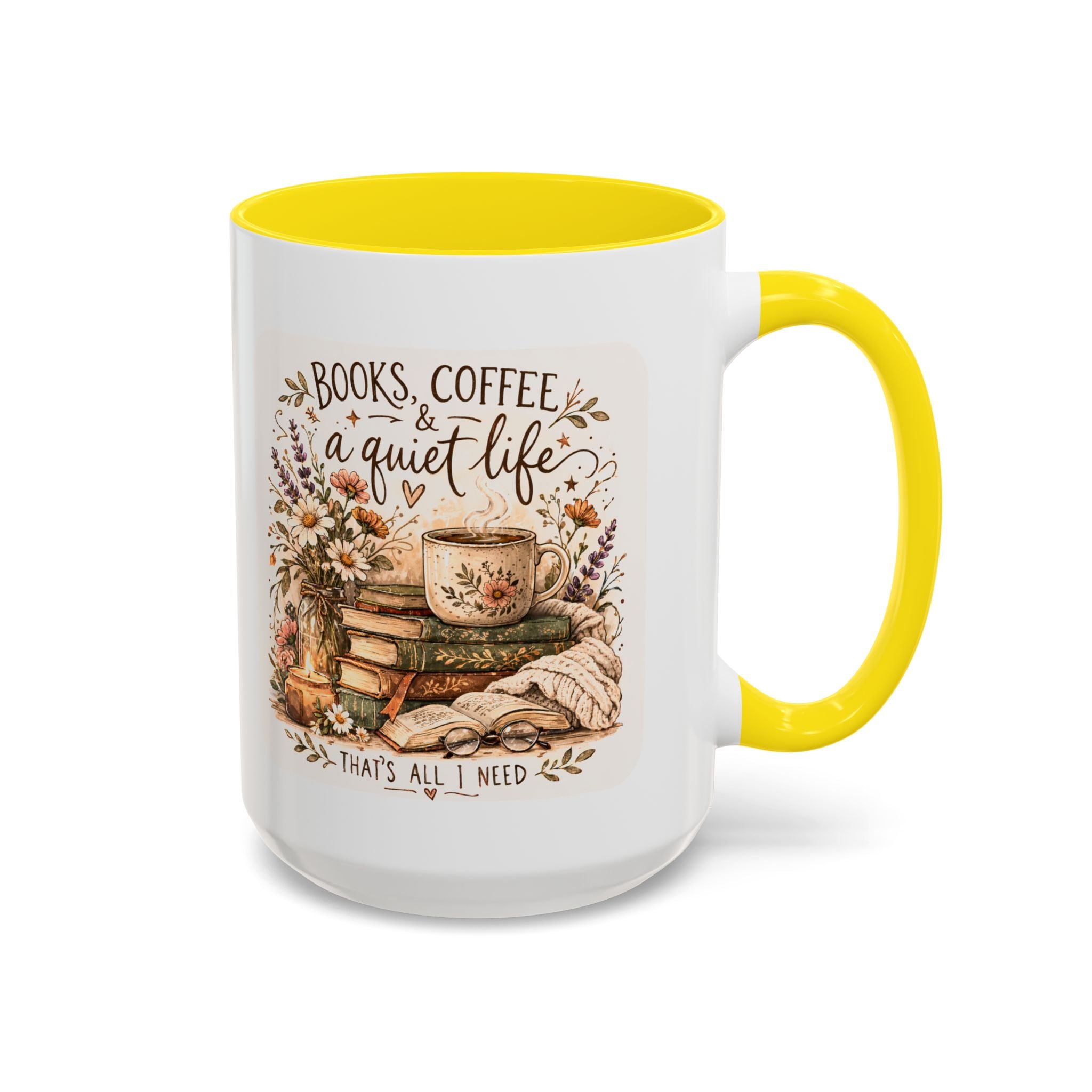 Books, Coffee & A Quiet Life Accent Coffee Mug — Cozy Literary Tea Cup (11/15oz)
