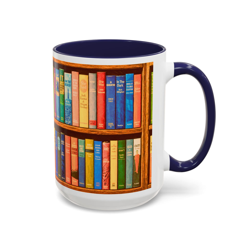 Booklover Accent Coffee Mug – Colorful Bookshelf Design (15 oz)