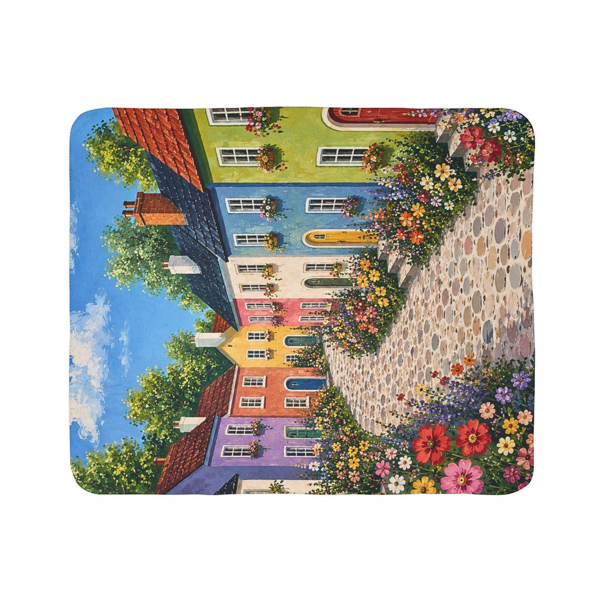 Colorful Cottage Path Fleece Sherpa Blanket — Cozy Floral Village Throw