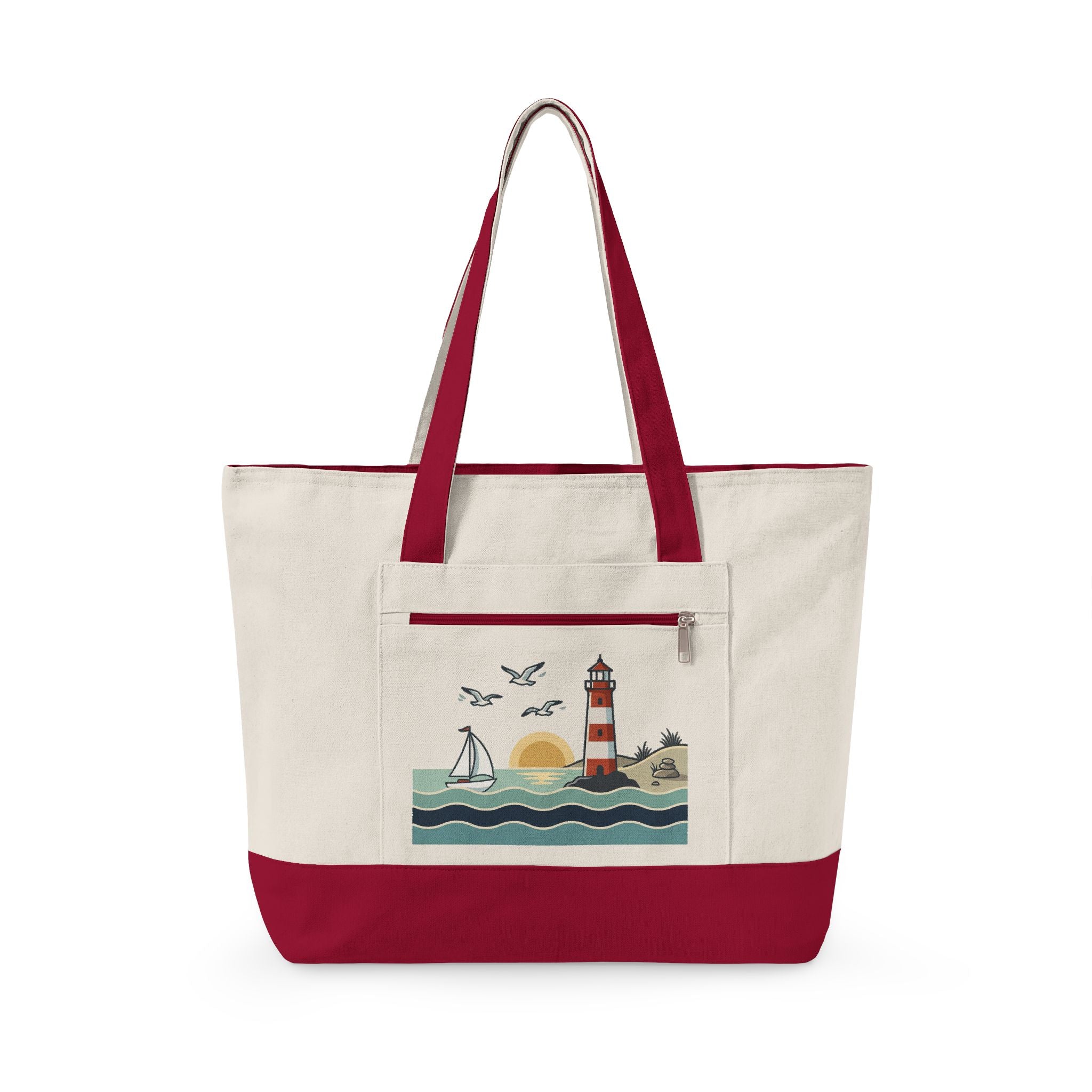 Lighthouse Sunset Canvas Tote Bag — Zippered Beach Tote with Sailboat Design