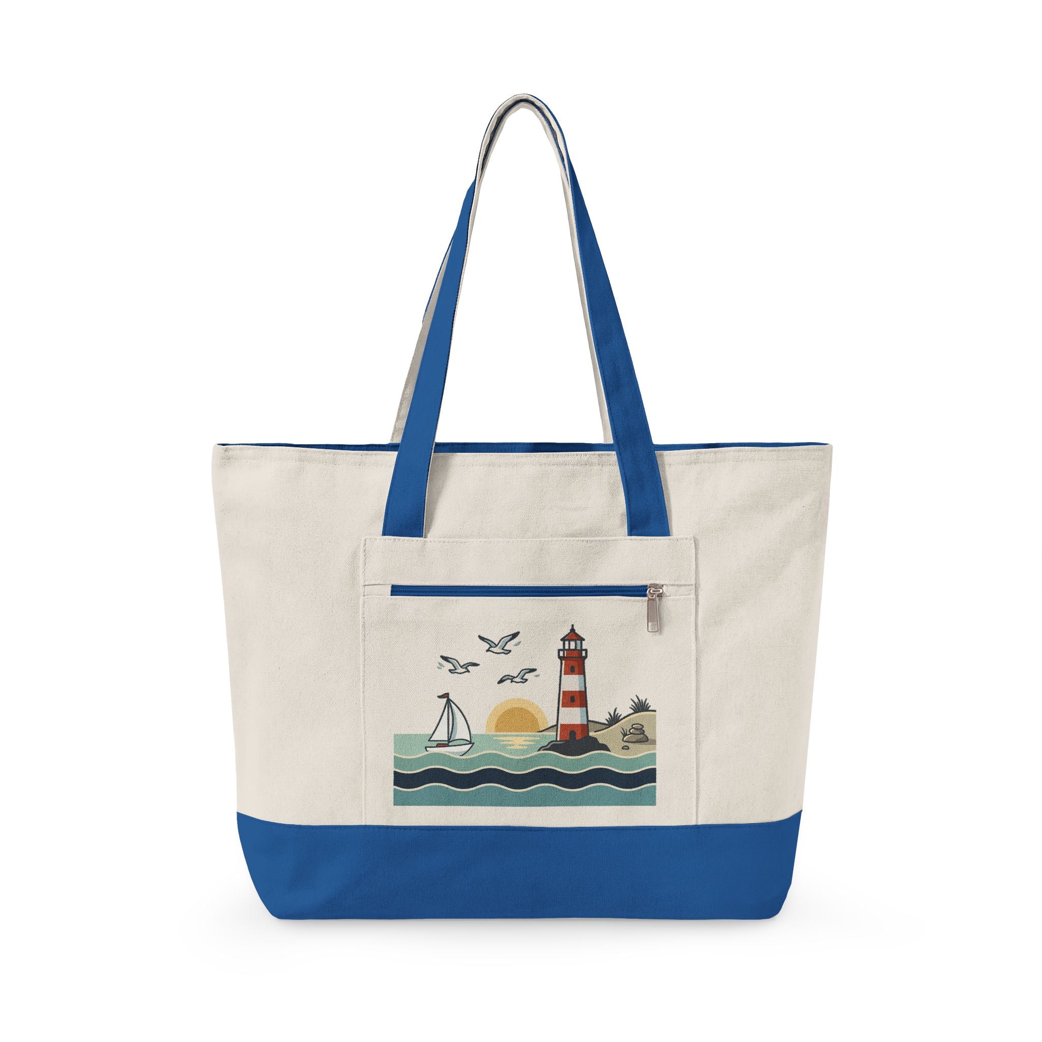 Lighthouse Sunset Canvas Tote Bag — Zippered Beach Tote with Sailboat Design