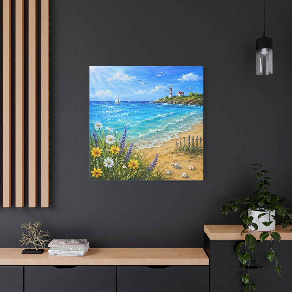 Coastal Lighthouse Beach Canvas Print — Seaside Floral Wall Art (Matte Stretched)