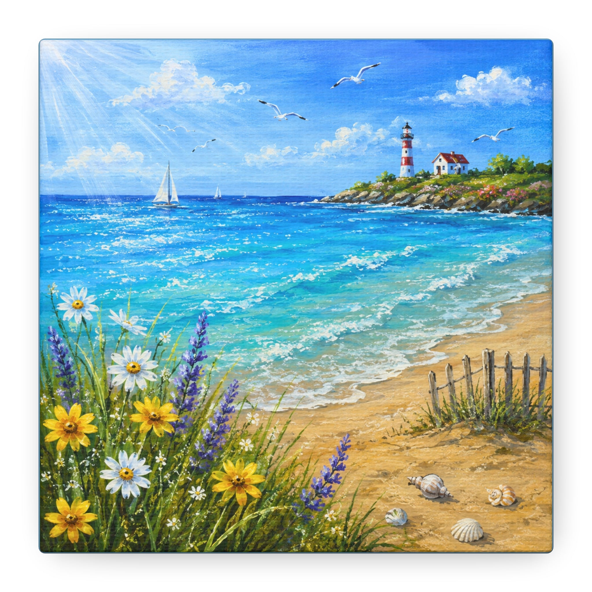 Coastal Lighthouse Beach Canvas Print — Seaside Floral Wall Art (Matte Stretched)