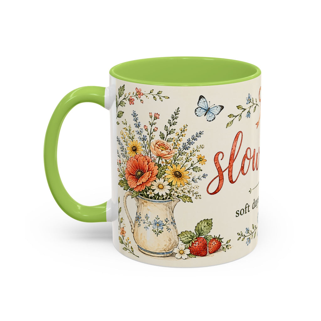 Slow Living Coffee Mug — "soft days, simple joys" Floral Accent Mug