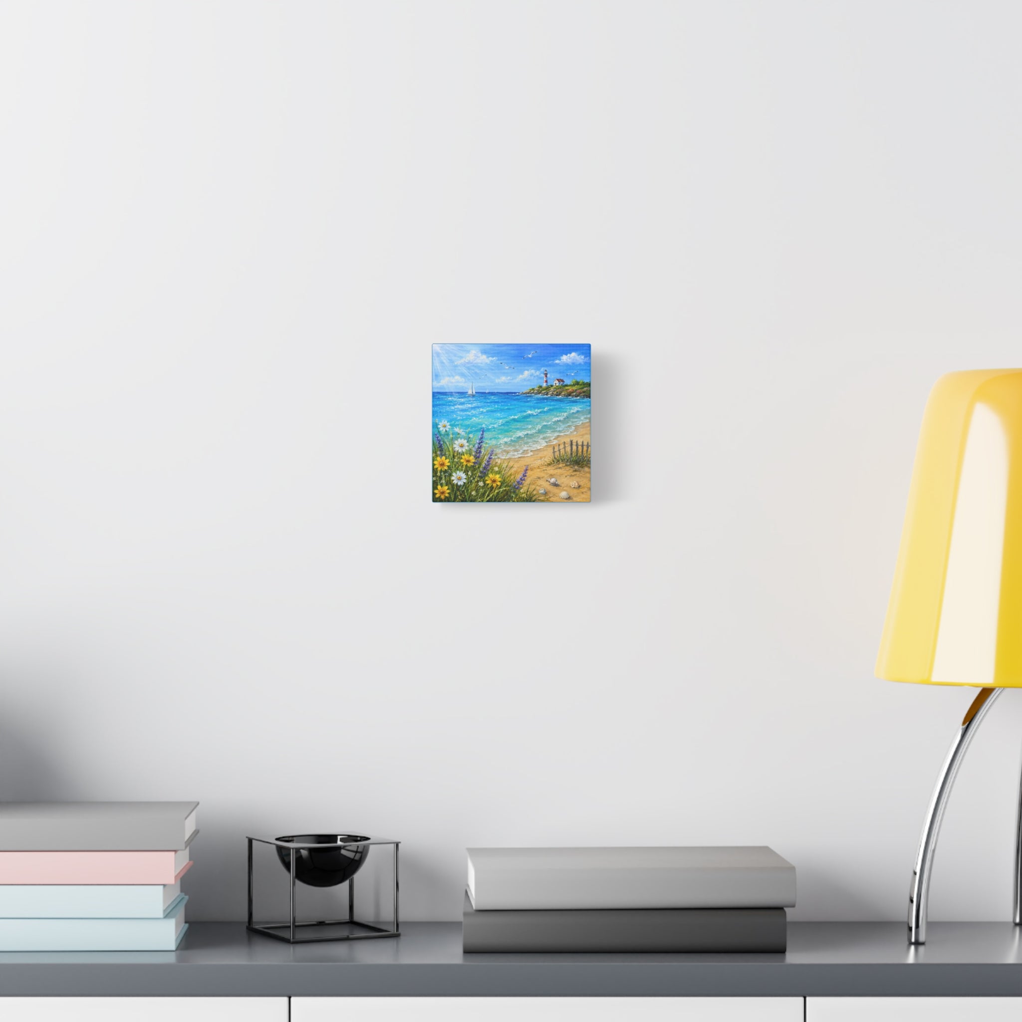 Coastal Lighthouse Beach Canvas Print — Seaside Floral Wall Art (Matte Stretched)