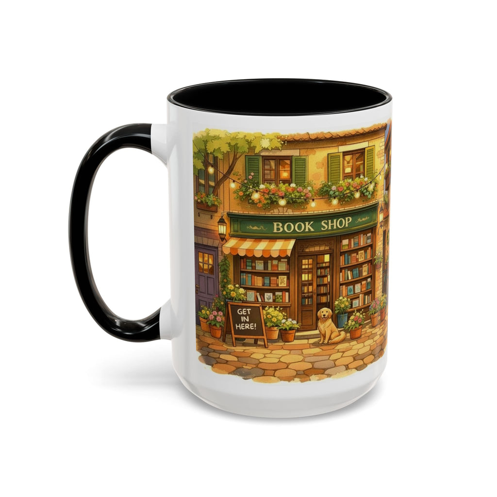 Bookshop Coffee Mug — Cozy Village Bookstore Illustration Accent Mug for Book and Dog Lovers (15oz)