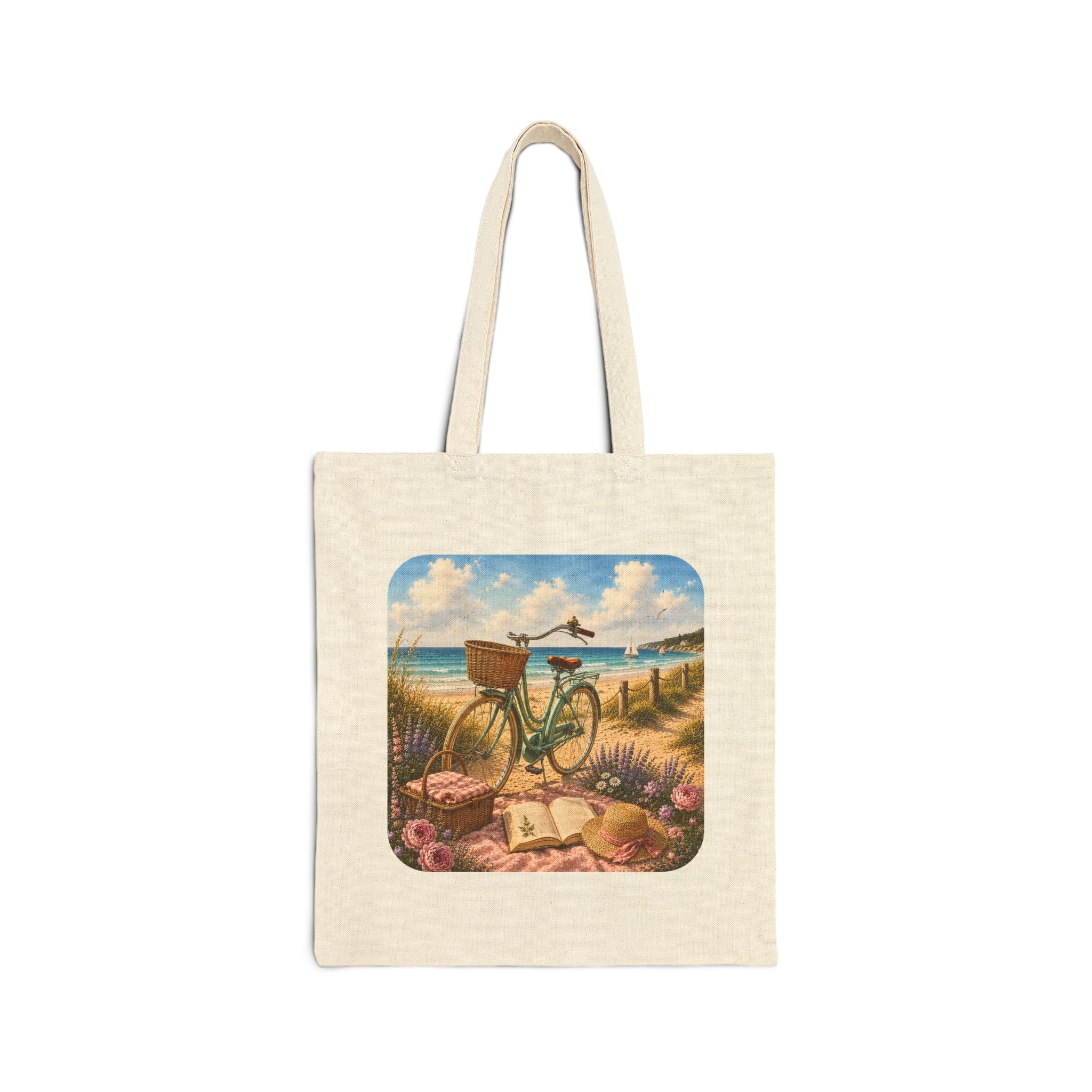 Beach Bicycle Tote Bag — Vintage Coastal Canvas Tote (Summer Picnic, “Bike by the Sea” Design)