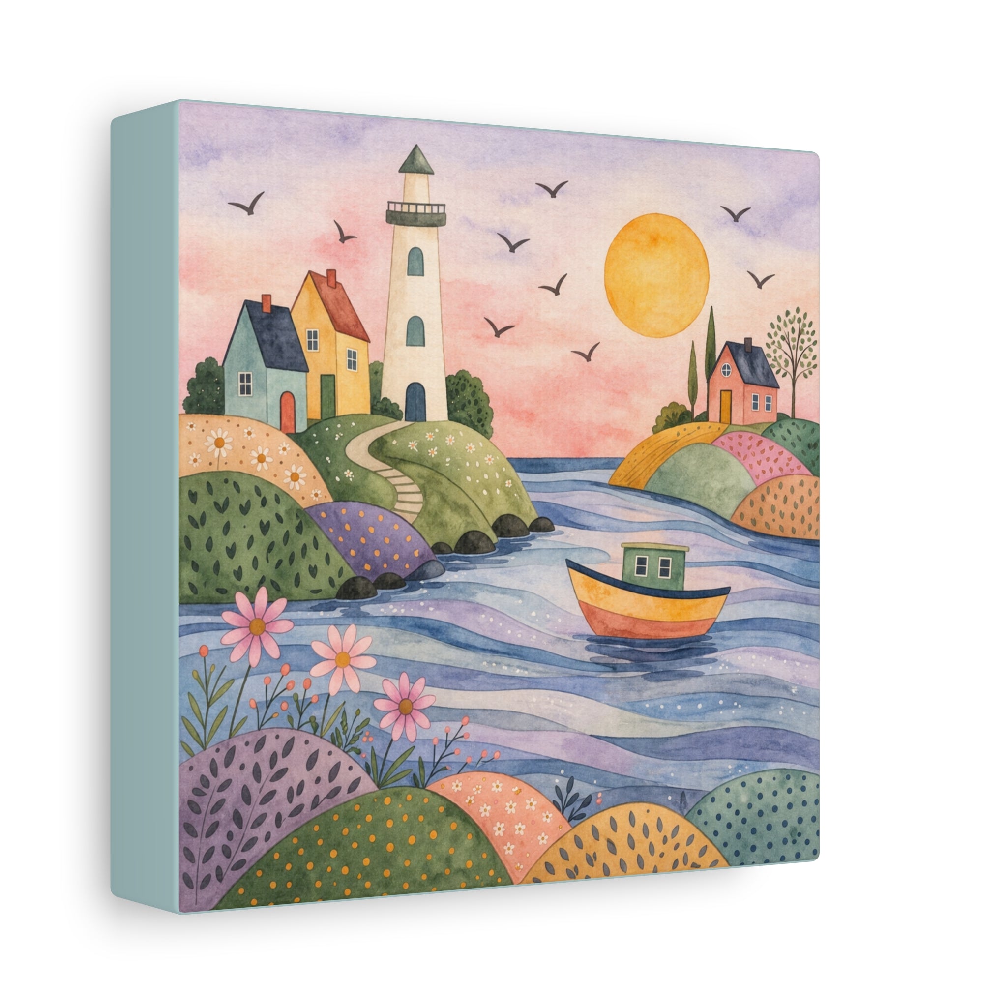 Coastal Lighthouse Art Canvas - Whimsical Seaside Watercolor Wall Decor