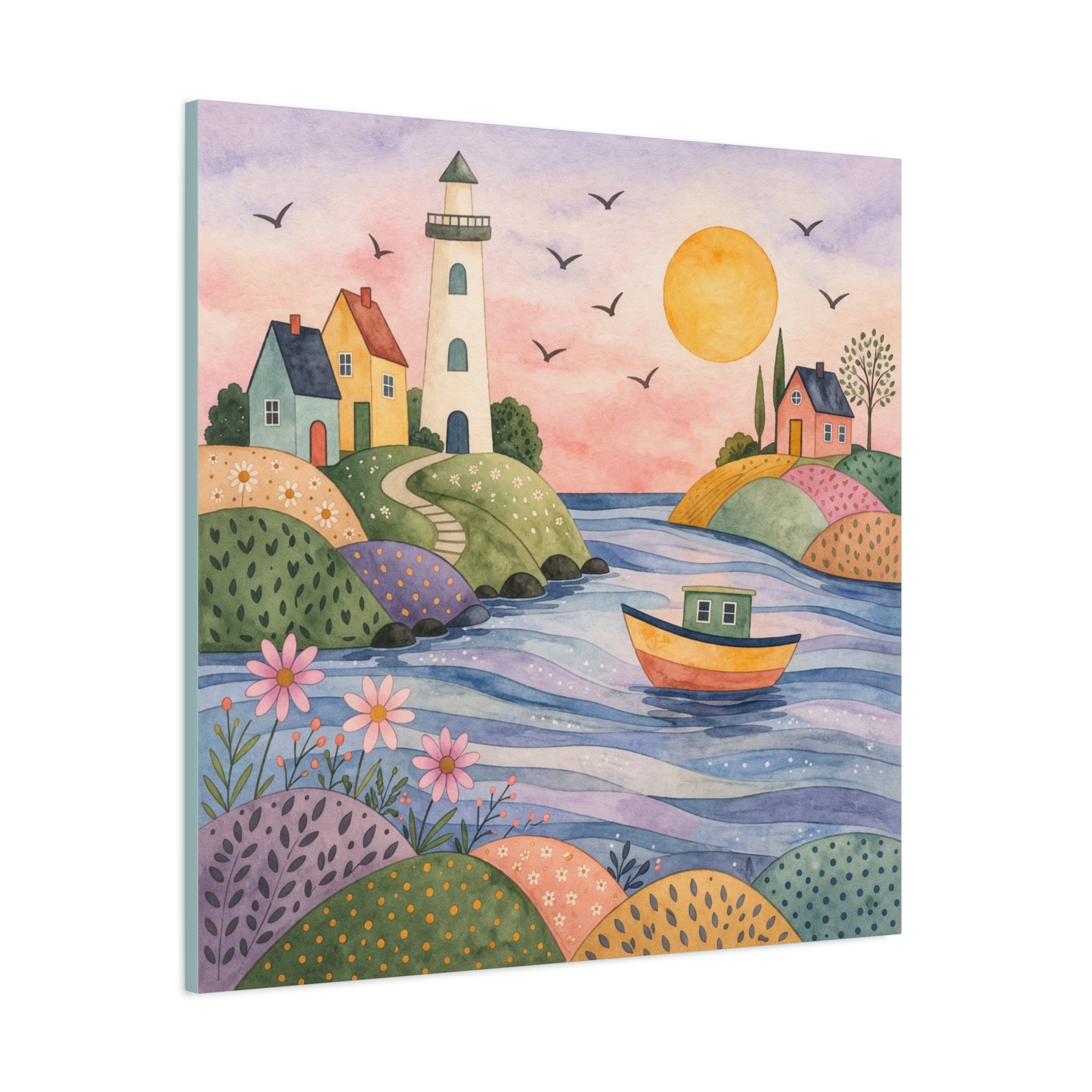 Coastal Lighthouse Art Canvas - Whimsical Seaside Watercolor Wall Decor